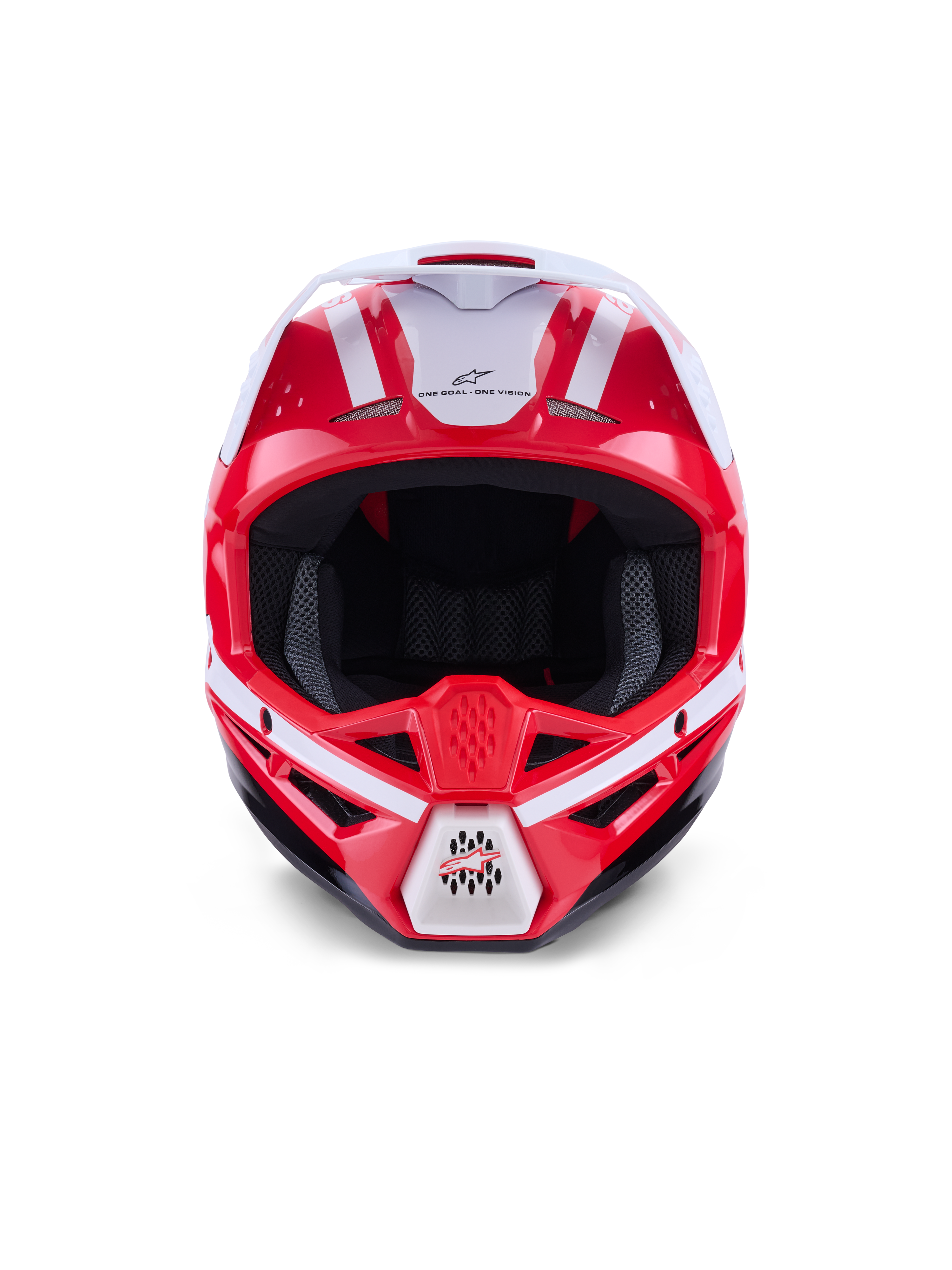 Alpinestars S-M3 Heat, casco de motocross en rojo, blanco y negro, con certificación ECE 22.06, vista frontal detallada.