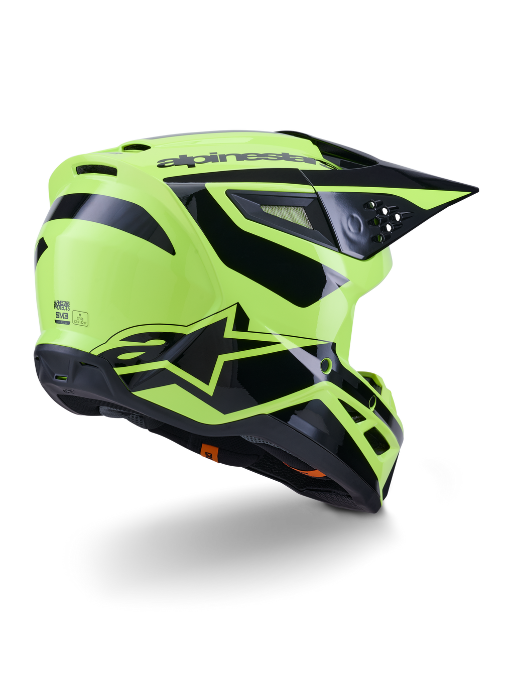 Casco Alpinestars S-M3 Heat, casco de motocross, amarillo flúor y negro brillante, vista de tres cuartos trasera con calota aerodinámica, puertos de ventilación integrados y logotipo Alpinestars en negro, acabado de alto brillo para rendimiento off-road.