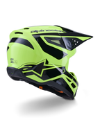 Casco Alpinestars S-M3 Heat, casco de motocross, amarillo flúor y negro brillante, vista de tres cuartos trasera con calota aerodinámica, puertos de ventilación integrados y logotipo Alpinestars en negro, acabado de alto brillo para rendimiento off-road.