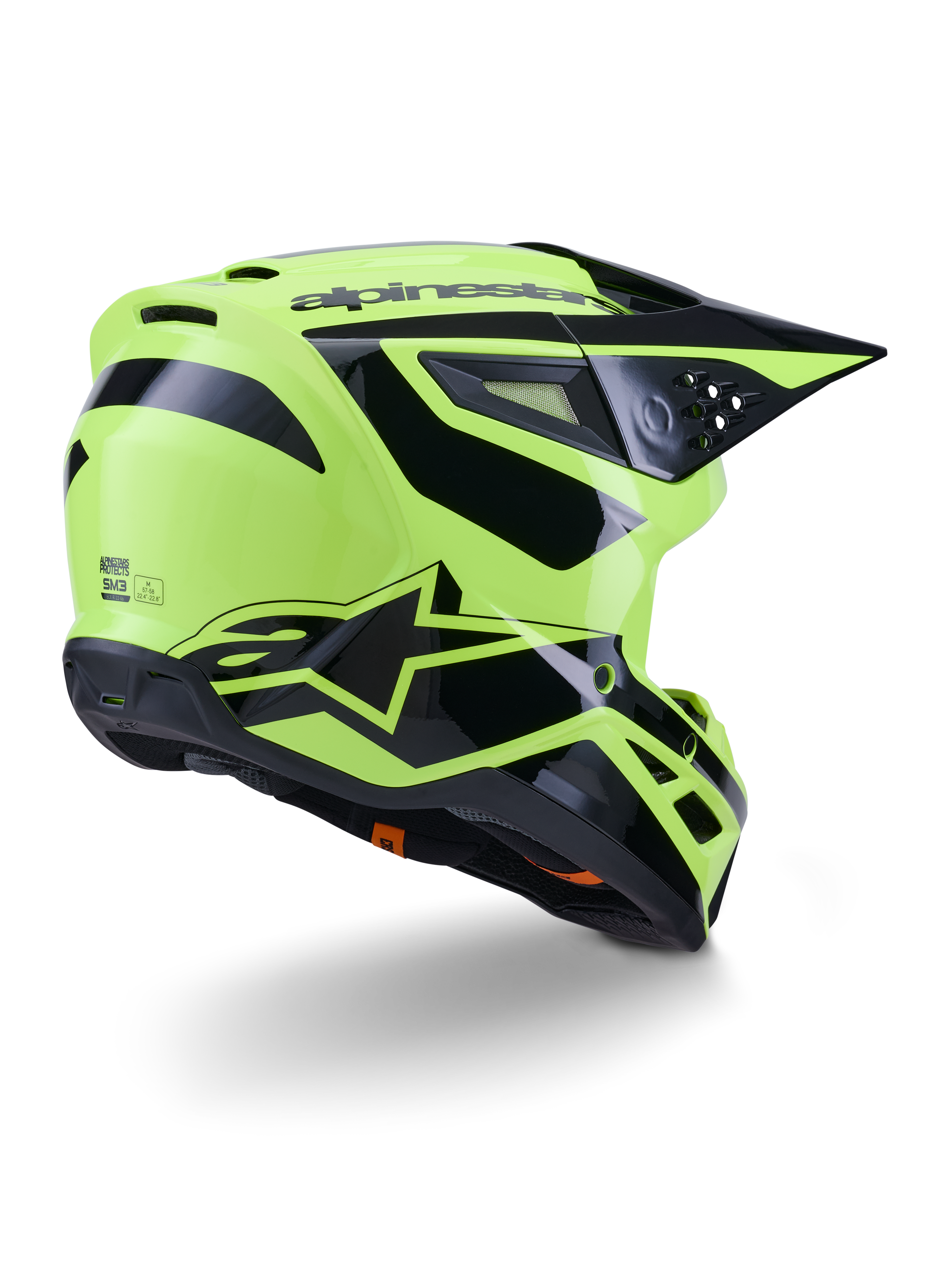 Casco Alpinestars S-M3 Heat, casco de motocross, amarillo flúor y negro brillante, vista de tres cuartos trasera con calota aerodinámica, puertos de ventilación integrados y logotipo Alpinestars en negro, acabado de alto brillo para rendimiento off-road.
