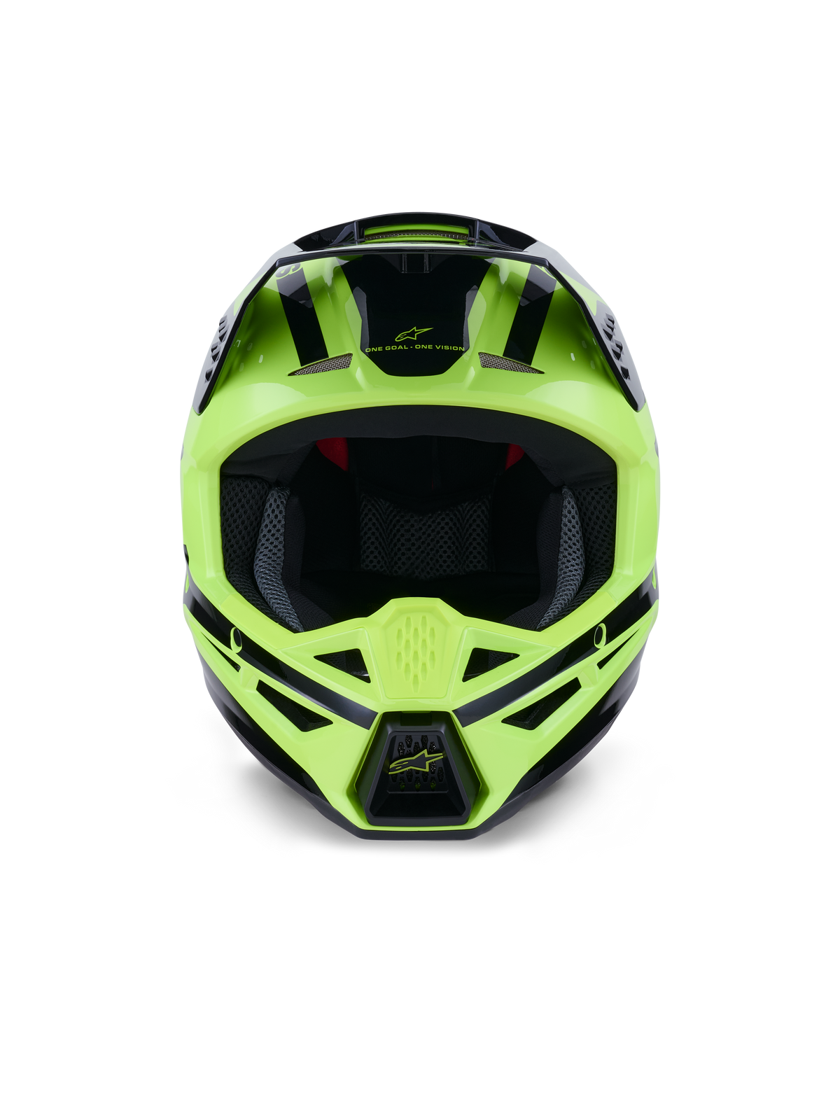 Casco Alpinestars S-M3 Heat, vista frontal, amarillo flúor y negro brillante, casco profesional de motocross y off-road, con mentonera ventilada y diseño aerodinámico con detalles en negro.