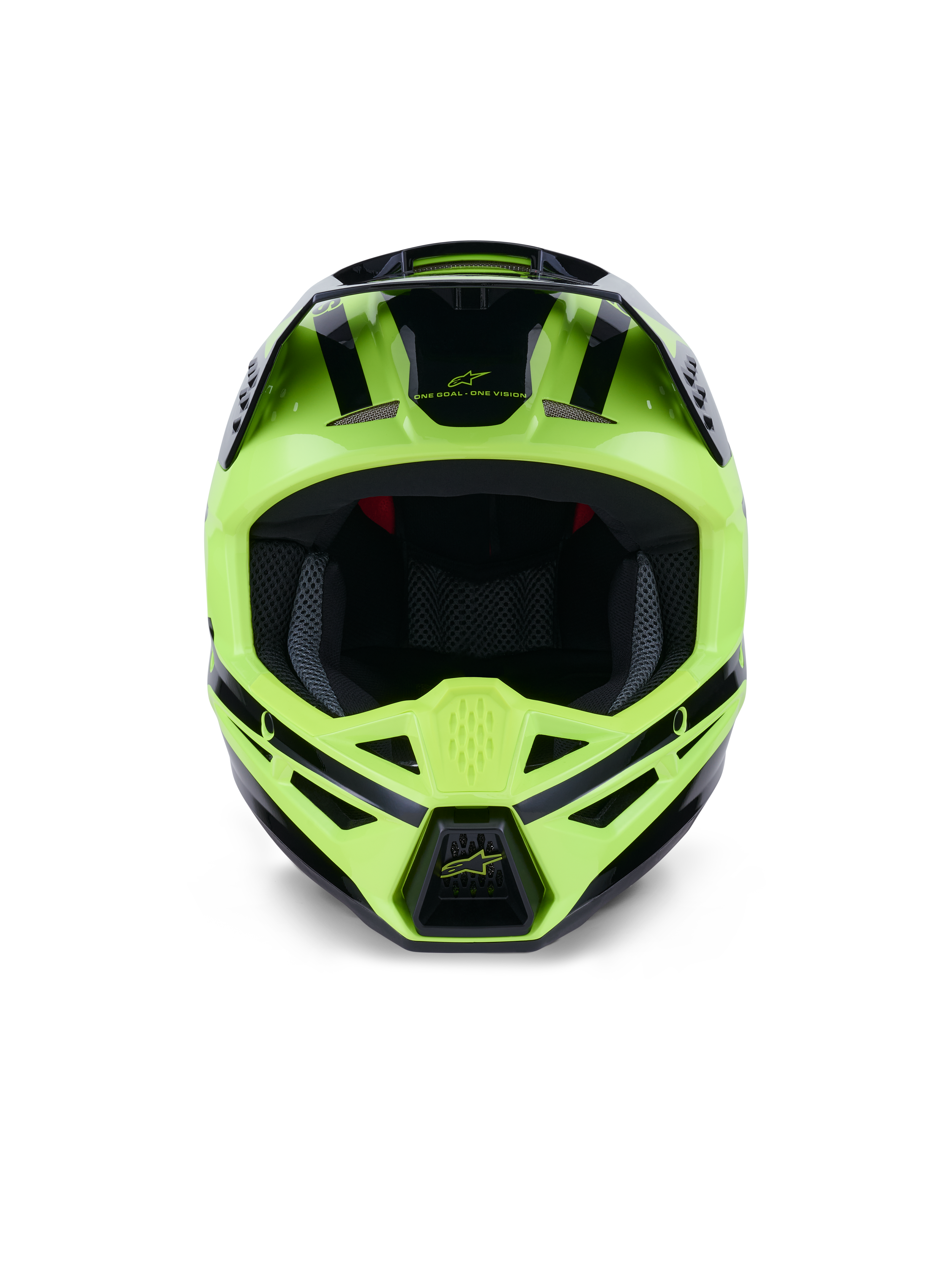 Casco Alpinestars S-M3 Heat, vista frontal, amarillo flúor y negro brillante, casco profesional de motocross y off-road, con mentonera ventilada y diseño aerodinámico con detalles en negro.