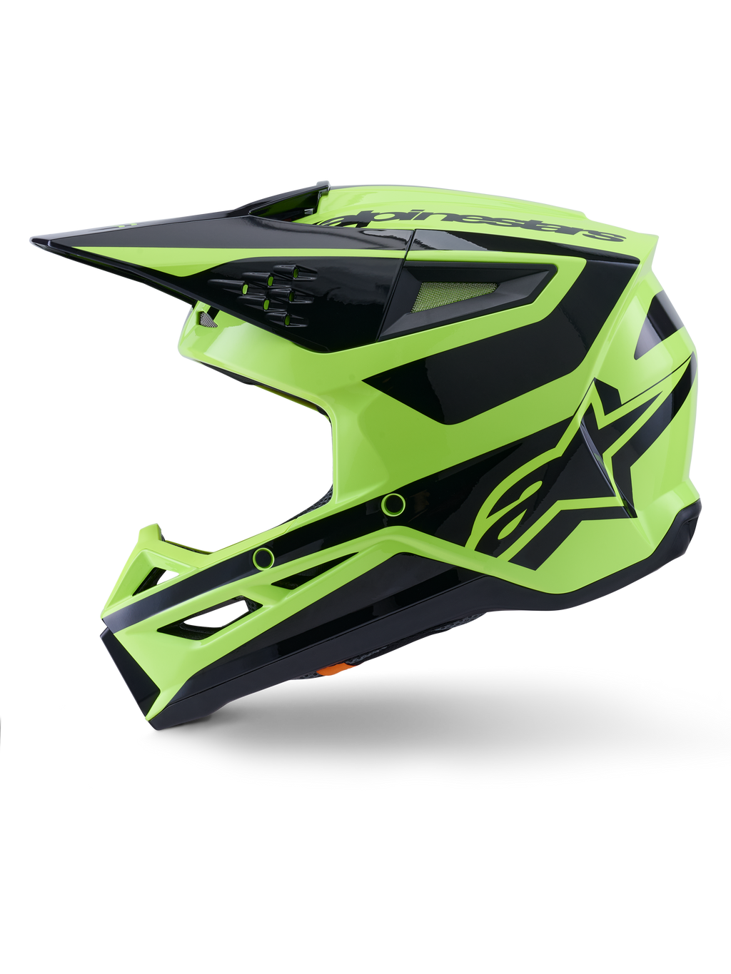 Casco Alpinestars S-M3 Heat, casco de motocross, amarillo flúor y negro brillante, vista de perfil lateral, con calota angular termo-inyectada, visera integrada, puertos de ventilación y logotipo distintivo de Alpinestars, diseñado para un rendimiento off-road