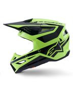 Casco Alpinestars S-M3 Heat, casco de motocross, amarillo flúor y negro brillante, vista de perfil lateral, con calota angular termo-inyectada, visera integrada, puertos de ventilación y logotipo distintivo de Alpinestars, diseñado para un rendimiento off-road