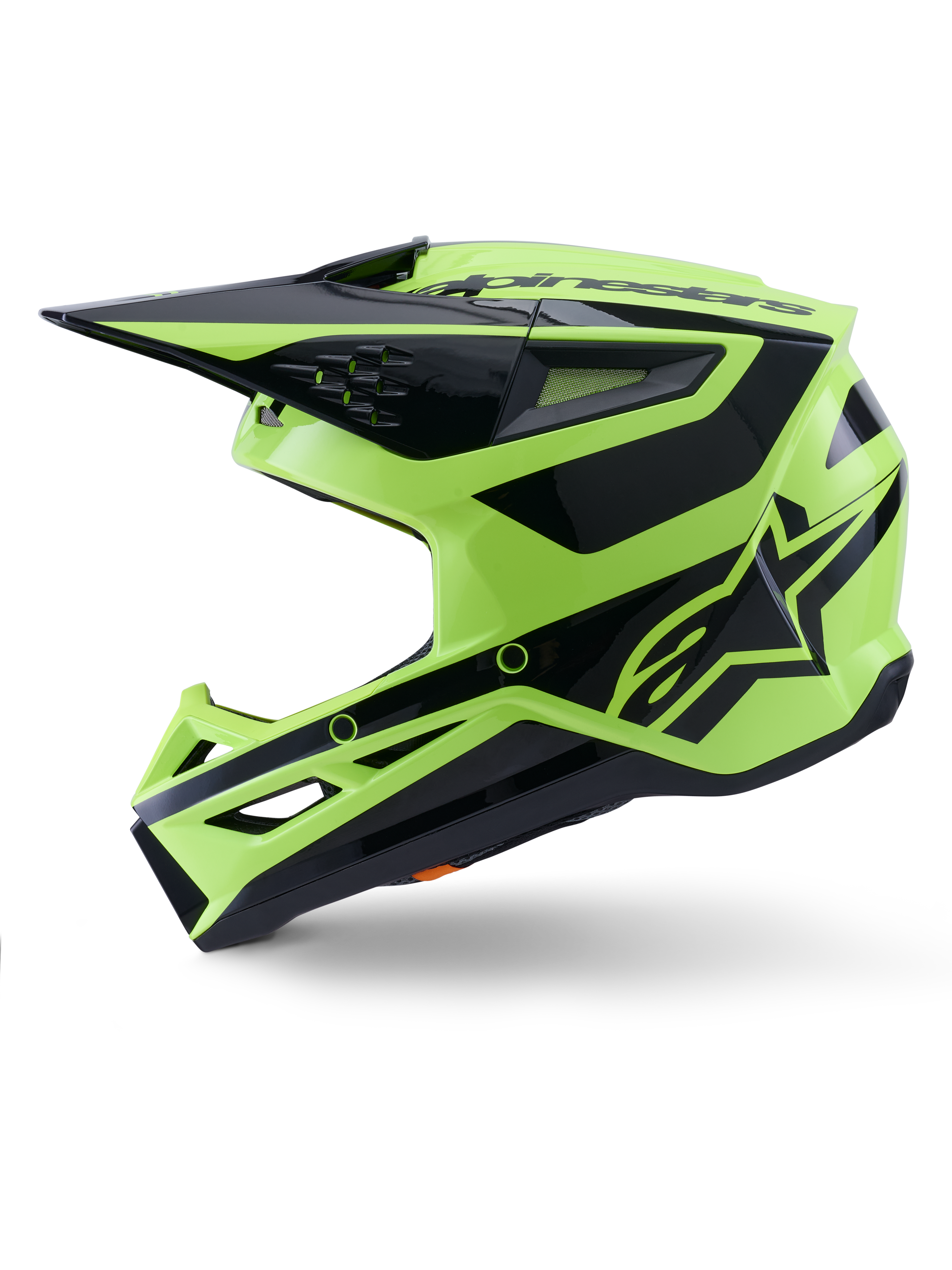 Casco Alpinestars S-M3 Heat, casco de motocross, amarillo flúor y negro brillante, vista de perfil lateral, con calota angular termo-inyectada, visera integrada, puertos de ventilación y logotipo distintivo de Alpinestars, diseñado para un rendimiento off-road
