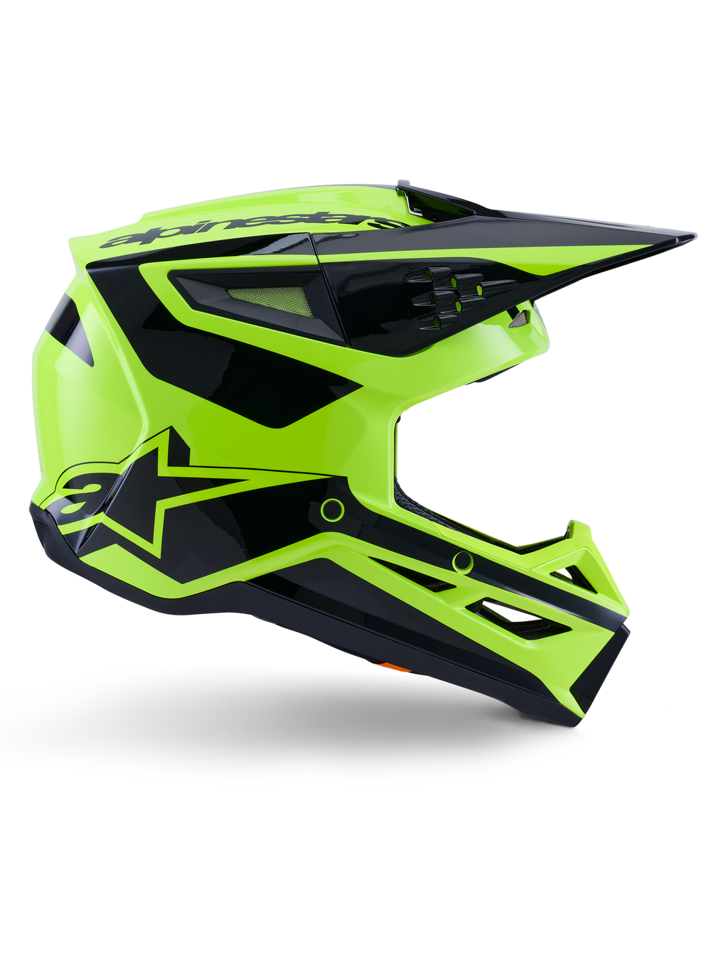 Casco Alpinestars S-M3 Heat, casco de motocross y off-road, amarillo flúor y negro brillante, certificado ECE 22.06, perfil lateral con un diseño angular y visera puntiaguda, múltiples puertos de ventilación y llamativos gráficos geométricos negros que incluyen el logotipo A-star.