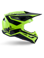 Casco Alpinestars S-M3 Heat, casco de motocross y off-road, amarillo flúor y negro brillante, certificado ECE 22.06, perfil lateral con un diseño angular y visera puntiaguda, múltiples puertos de ventilación y llamativos gráficos geométricos negros que incluyen el logotipo A-star.