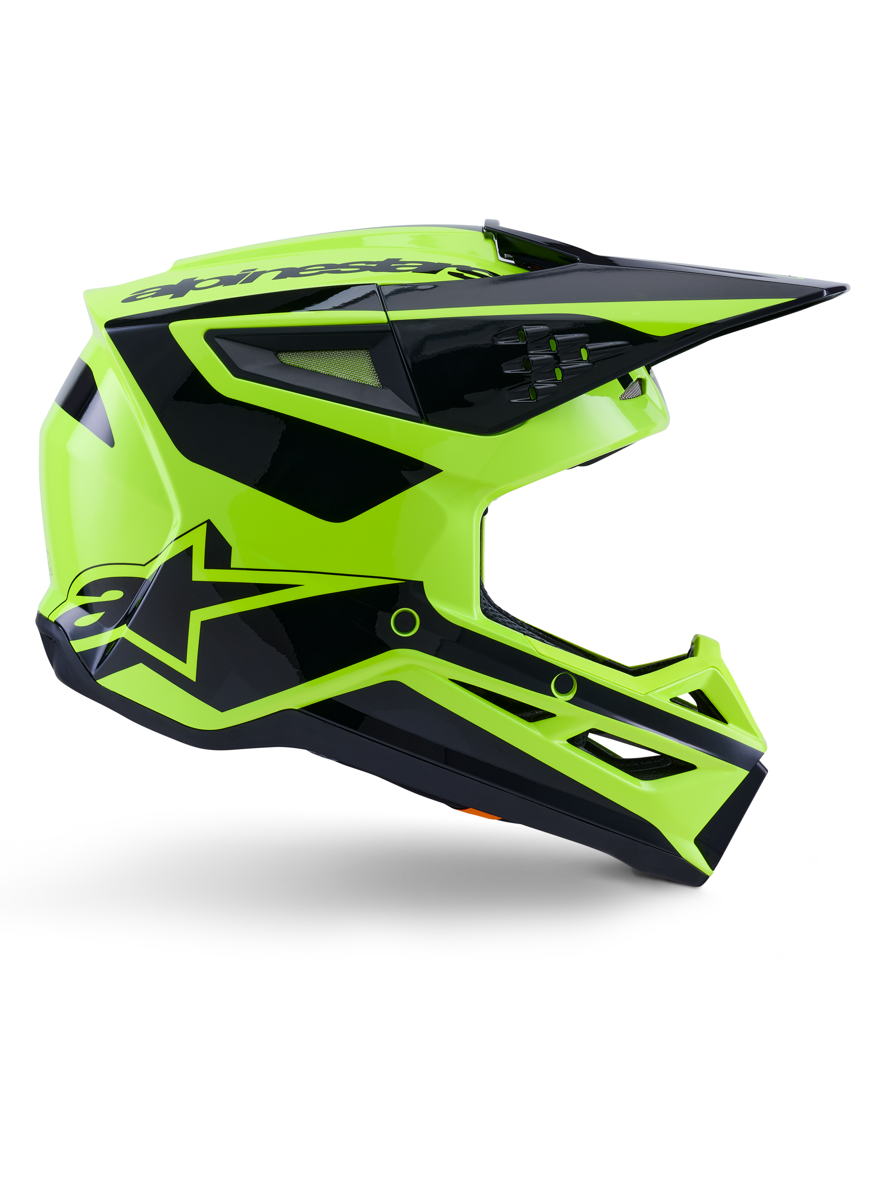 Casco Alpinestars S-M3 Heat, casco de motocross y off-road, amarillo flúor y negro brillante, certificado ECE 22.06, perfil lateral con un diseño angular y visera puntiaguda, múltiples puertos de ventilación y llamativos gráficos geométricos negros que incluyen el logotipo A-star.