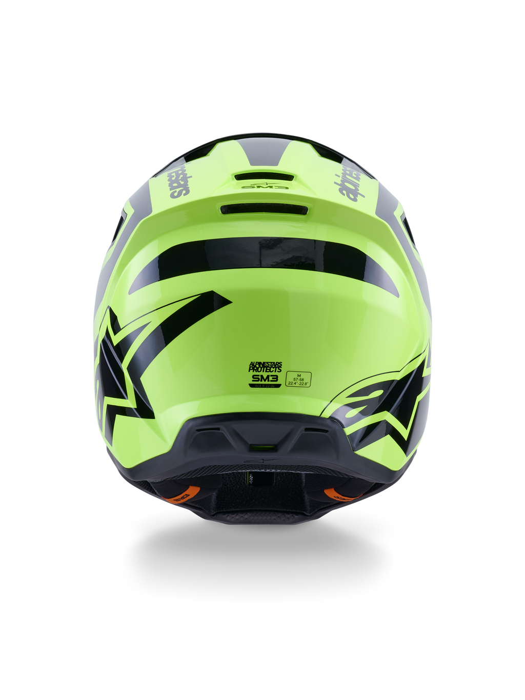 Alpinestars S-M3 Heat Helmet, casco de motocross, amarillo flúor y negro brillante, vista trasera con gráficos negros llamativos y logotipos de Alpinestars, calota aerodinámica con puertos de ventilación integrados, equipamiento todoterreno de alta visibilidad