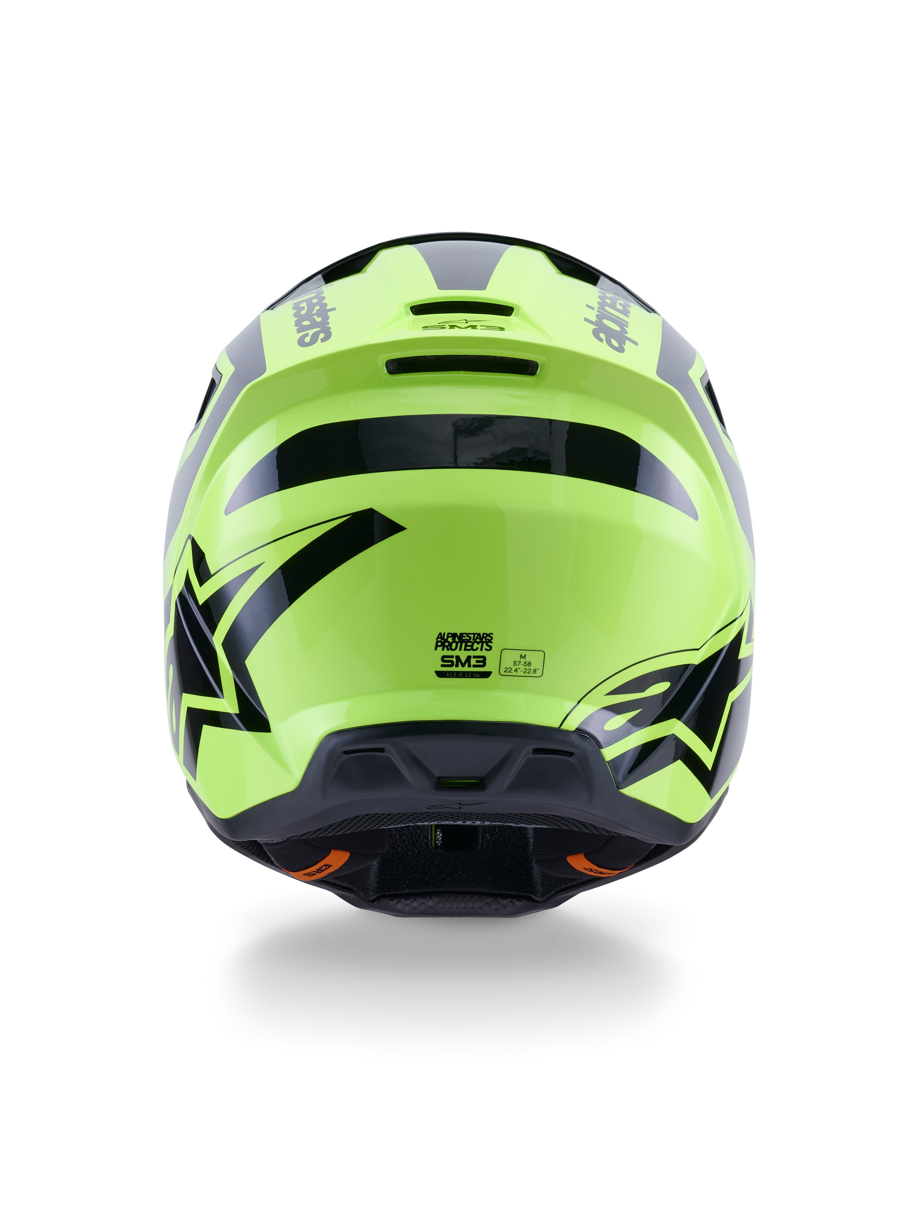 Alpinestars S-M3 Heat Helmet, casco de motocross, amarillo flúor y negro brillante, vista trasera con gráficos negros llamativos y logotipos de Alpinestars, calota aerodinámica con puertos de ventilación integrados, equipamiento todoterreno de alta visibilidad