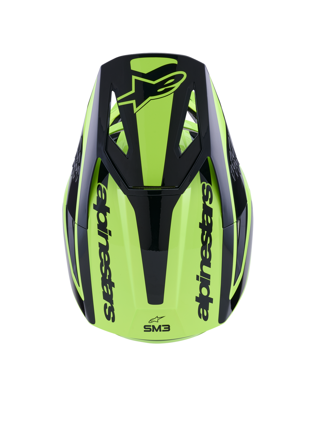 Alpinestars S-M3 Heat Helmet, casco de motocross, amarillo flúor y negro brillante, vista superior con visera negra con logotipo y marca Alpinestars en los laterales, calota aerodinámica de polímero termoinyectado para carreras off-road