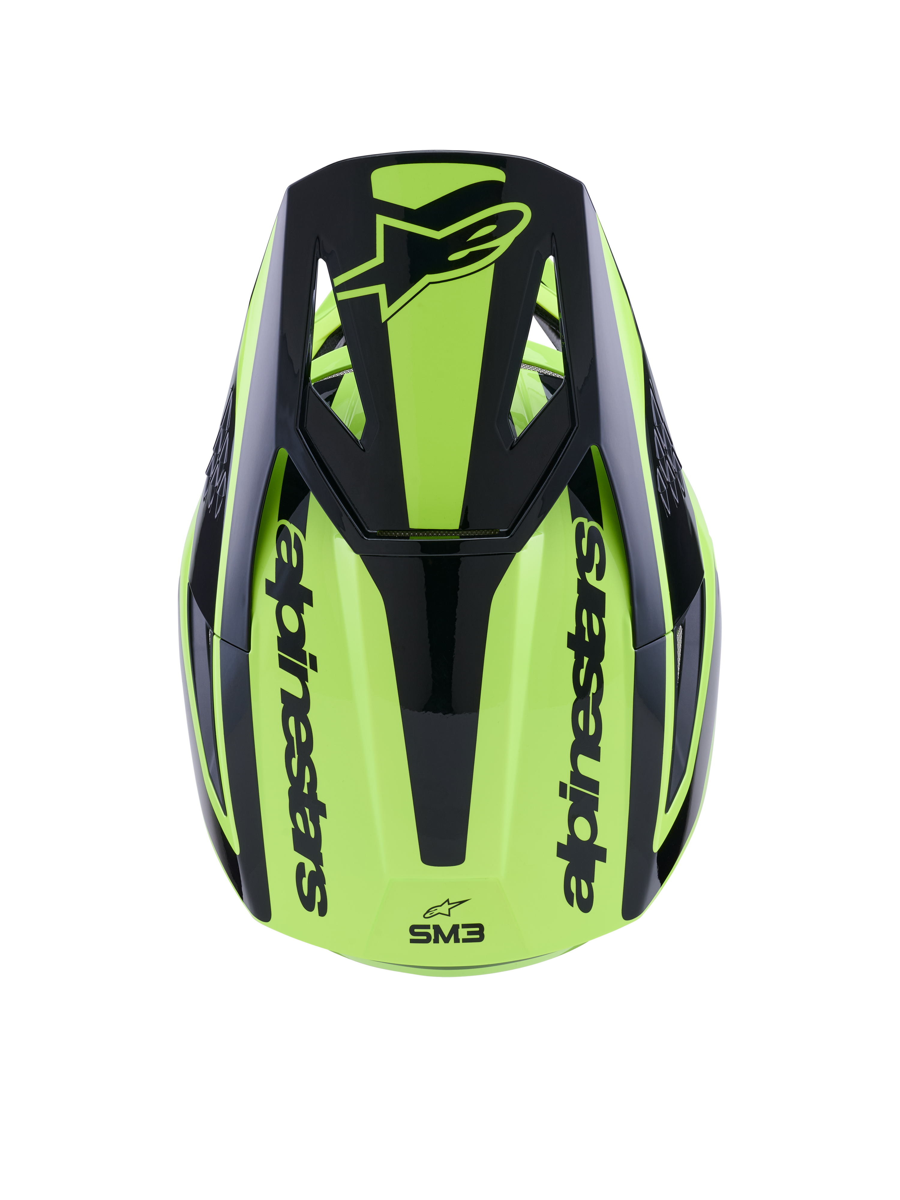 Alpinestars S-M3 Heat Helmet, casco de motocross, amarillo flúor y negro brillante, vista superior con visera negra con logotipo y marca Alpinestars en los laterales, calota aerodinámica de polímero termoinyectado para carreras off-road