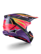 Alpinestars Supertech M10 Era Helmet, Motocross Helmet, Pink Violet and Yellow Fluo Glossy, rear three-quarter view showing the aerodynamic carbon fiber shell, integrated ventilation ports, and bold graphic branding, high-performance off-road racing gear