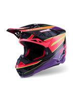 Alpinestars Supertech M10 Era Helmet, Motocross Helmet, Pink Violet and Yellow Fluo Glossy, featuring a multi-composite carbon shell, aerodynamic design with 28 ventilation ports, glossy finish with vibrant graphics and Alpinestars branding, professional off-road racing gear