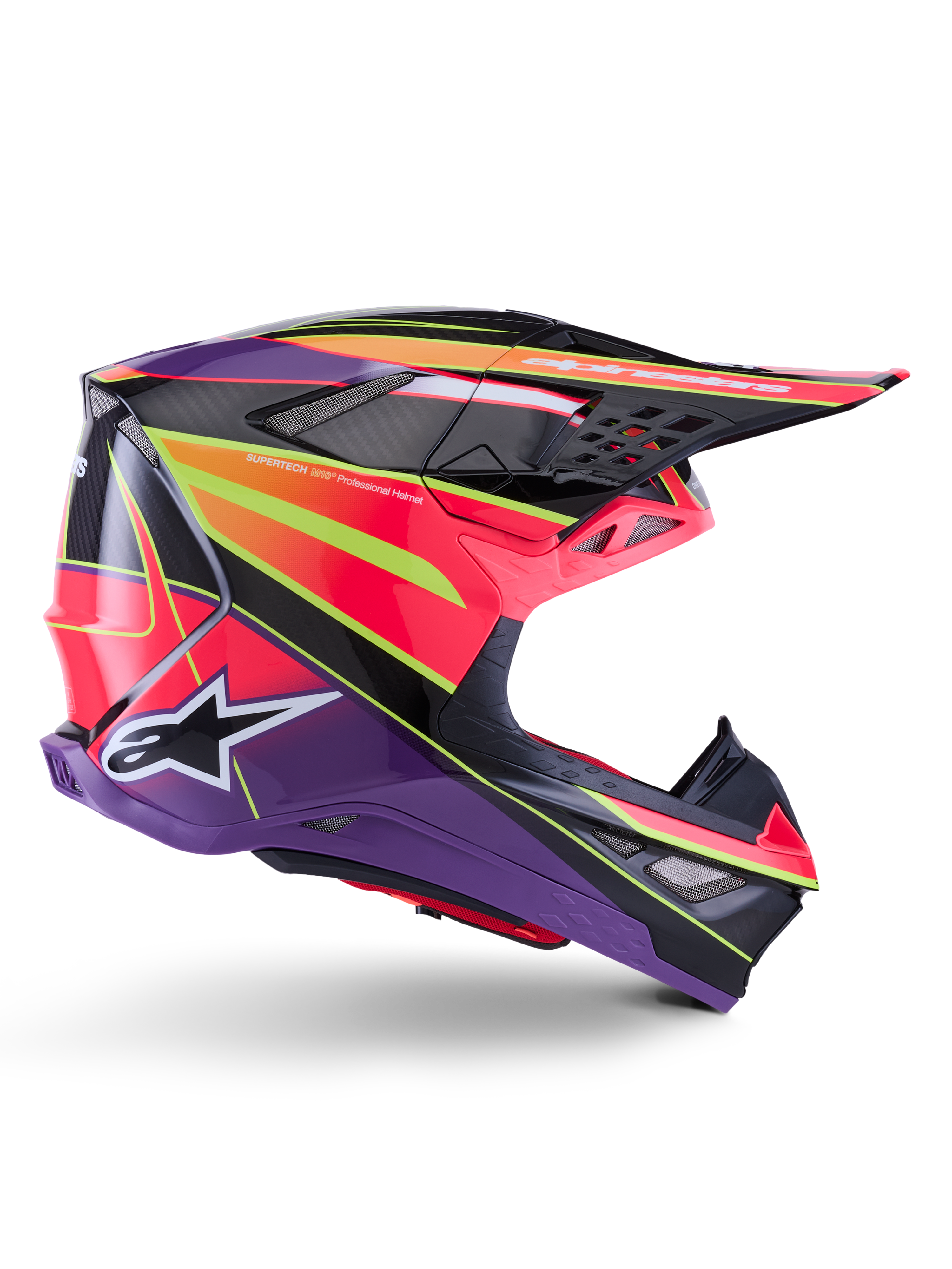 Casco Alpinestars Supertech M10 Era, casco de motocross, rosa, violeta y amarillo flúor brillante, vista de perfil lateral, con calota de carbono multicompuesto y patrones geométricos vibrantes, puertos de ventilación integrados y logotipo de Alpinestars blanco, diseñado para un rendimiento off-road de élite