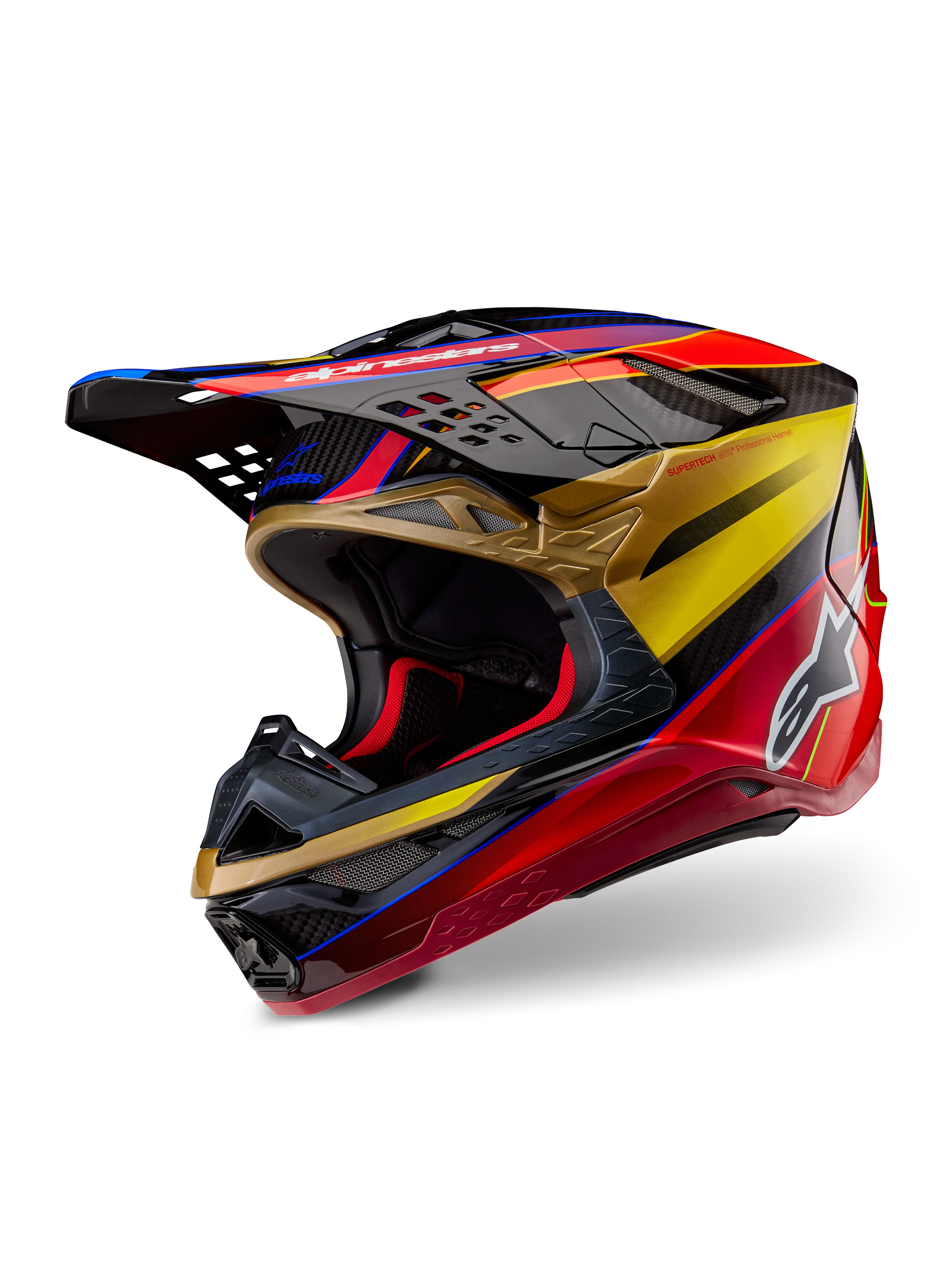 Casco Alpinestars Supertech M10 Era, casco de motocross, Gold Yellow Rio Red Glossy, calota aerodinámica de fibra de carbono con gráficos vibrantes en rojo y dorado, con múltiples puertos de entrada y salida, logotipo de Alpinestars en blanco y acabado brillante