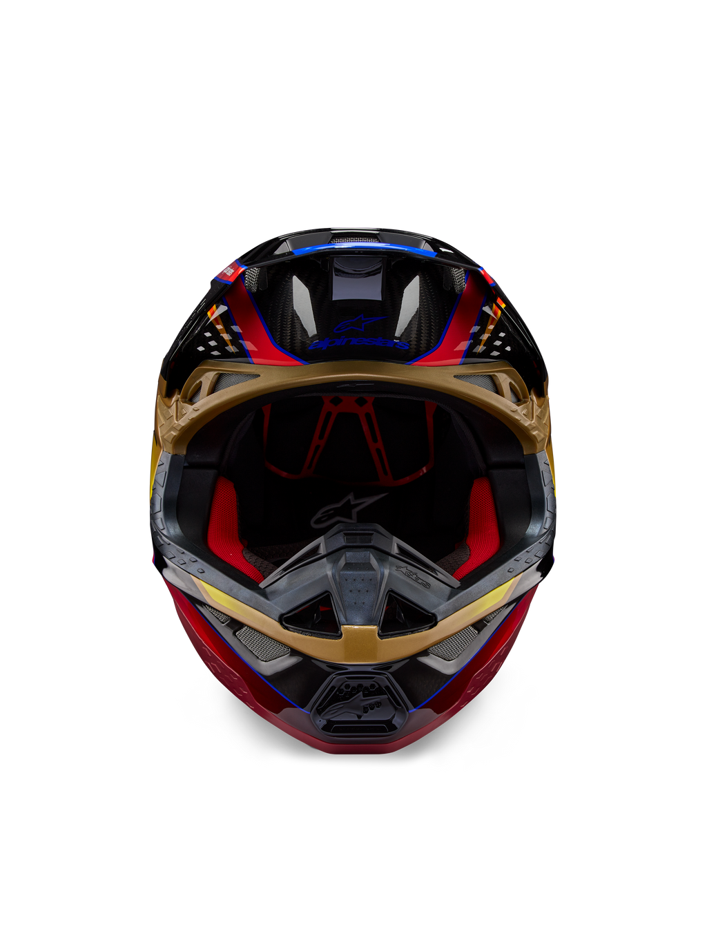 Casco Alpinestars Supertech M10 Era, casco de motocross, amarillo dorado y rojo río brillante, vista frontal que muestra los detalles de la calota de fibra de carbono y el acolchado interior rojo, diseño aerodinámico para carreras todoterreno