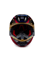 Casco Alpinestars Supertech M10 Era, casco de motocross, amarillo dorado y rojo río brillante, vista frontal que muestra los detalles de la calota de fibra de carbono y el acolchado interior rojo, diseño aerodinámico para carreras todoterreno