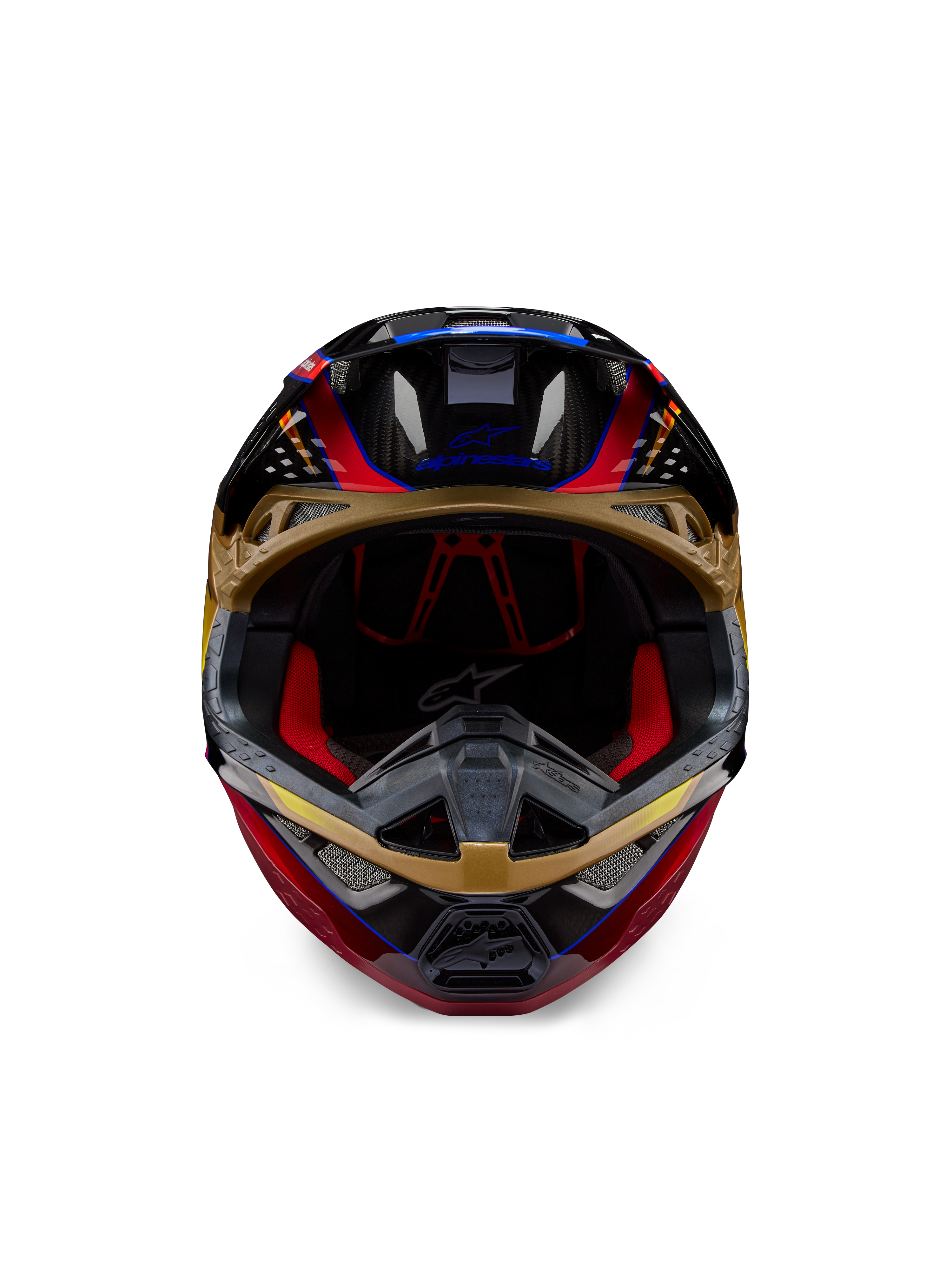 Casco Alpinestars Supertech M10 Era, casco de motocross, amarillo dorado y rojo río brillante, vista frontal que muestra los detalles de la calota de fibra de carbono y el acolchado interior rojo, diseño aerodinámico para carreras todoterreno