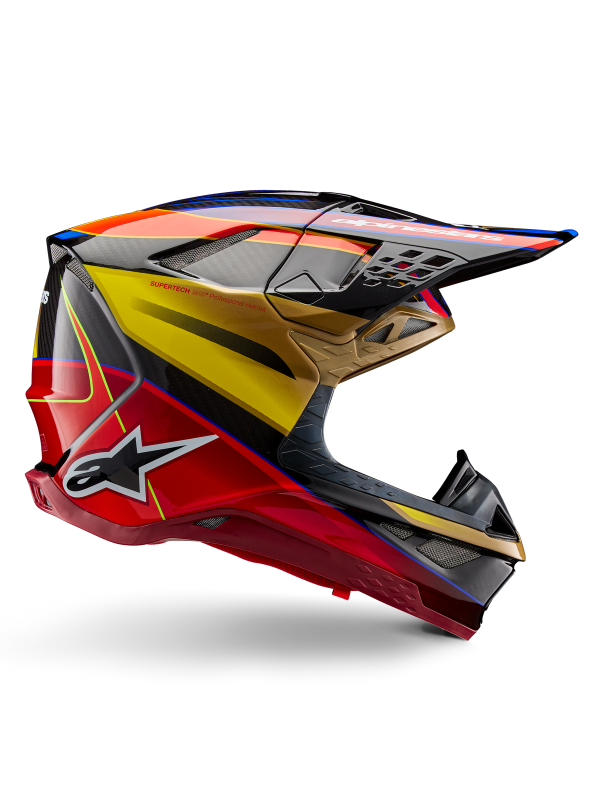 Alpinestars Supertech M10 Era Helmet, Motocross Racing Helmet, Gold Yellow and Rio Red Glossy with Blue and Black accents, aerodynamic design with integrated visor, multiple mesh-covered ventilation ports, and carbon fiber details, ECE 22.06 certified