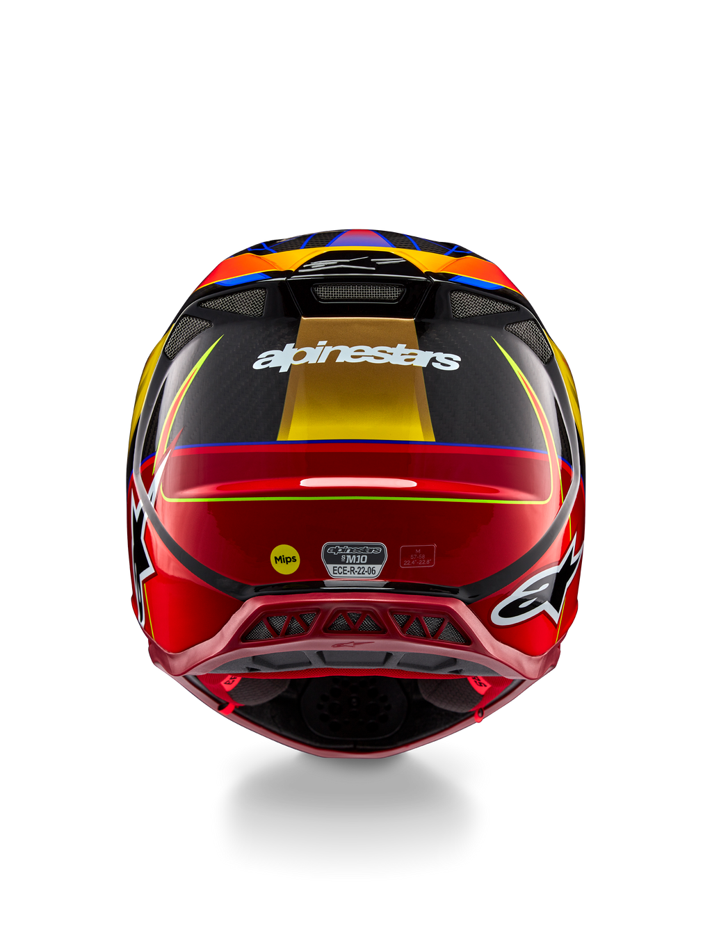 Casco Alpinestars Supertech M10 Era, casco de motocross, color amarillo dorado y rojo río brillante, vista trasera con logotipo de Alpinestars en blanco, logo MIPS y puertos de ventilación aerodinámicos, construcción de fibra de carbono multicompuesta con detalles azules