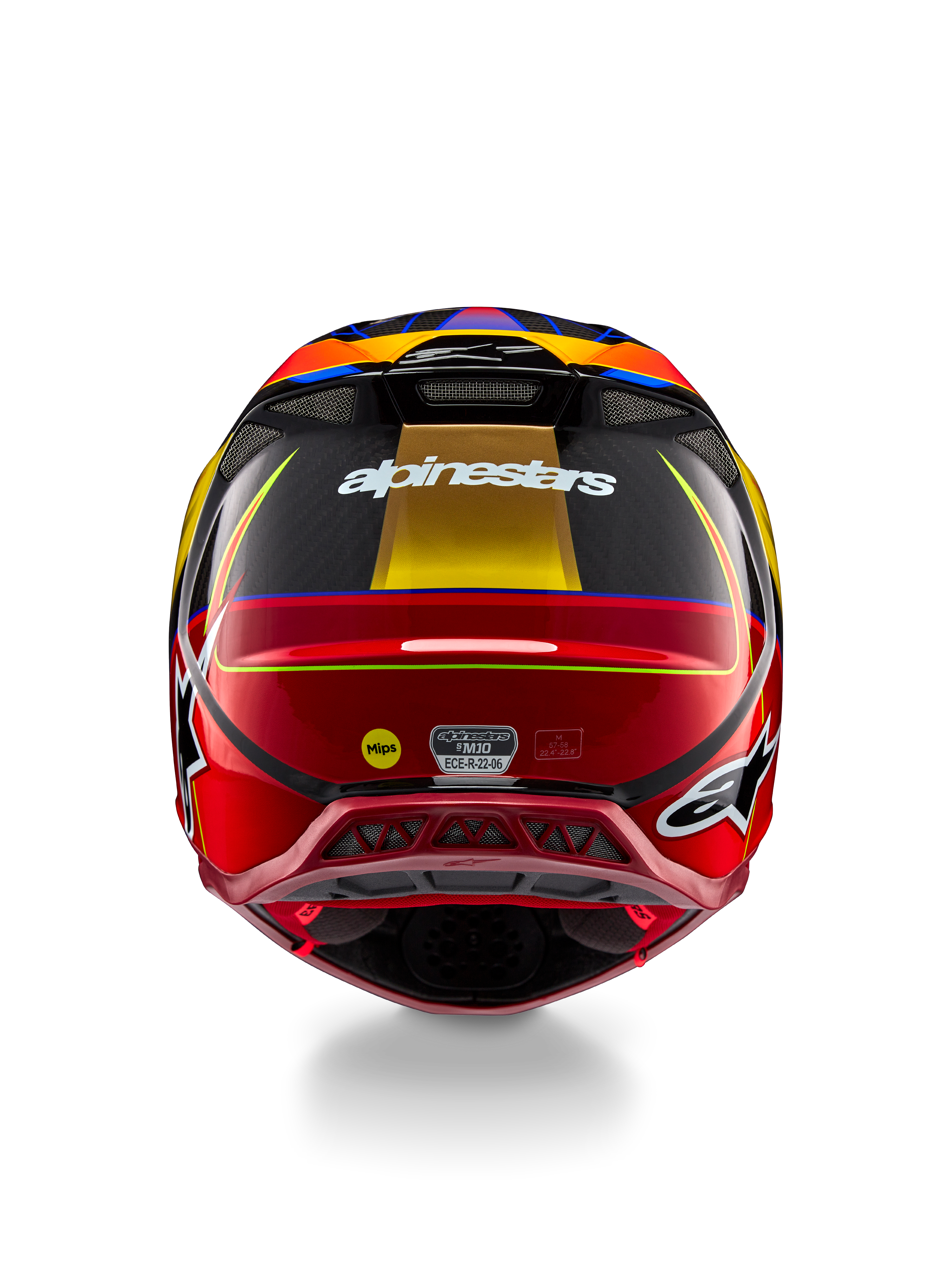 Casco Alpinestars Supertech M10 Era, casco de motocross, color amarillo dorado y rojo río brillante, vista trasera con logotipo de Alpinestars en blanco, logo MIPS y puertos de ventilación aerodinámicos, construcción de fibra de carbono multicompuesta con detalles azules
