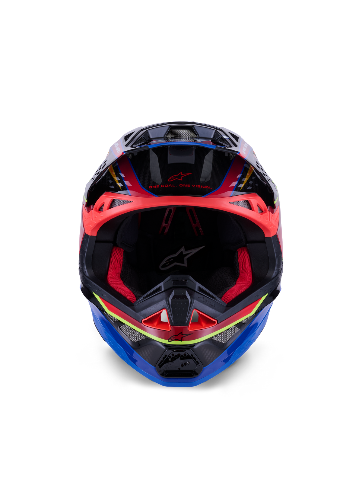 Casco Alpinestars Supertech M10 Era, casco de motocross, azul, rojo y amarillo flúor brillante, vista frontal que muestra el acolchado interior rojo y los puertos de ventilación agresivos, calota de carbono 3K con diseño aerodinámico para carreras off-road