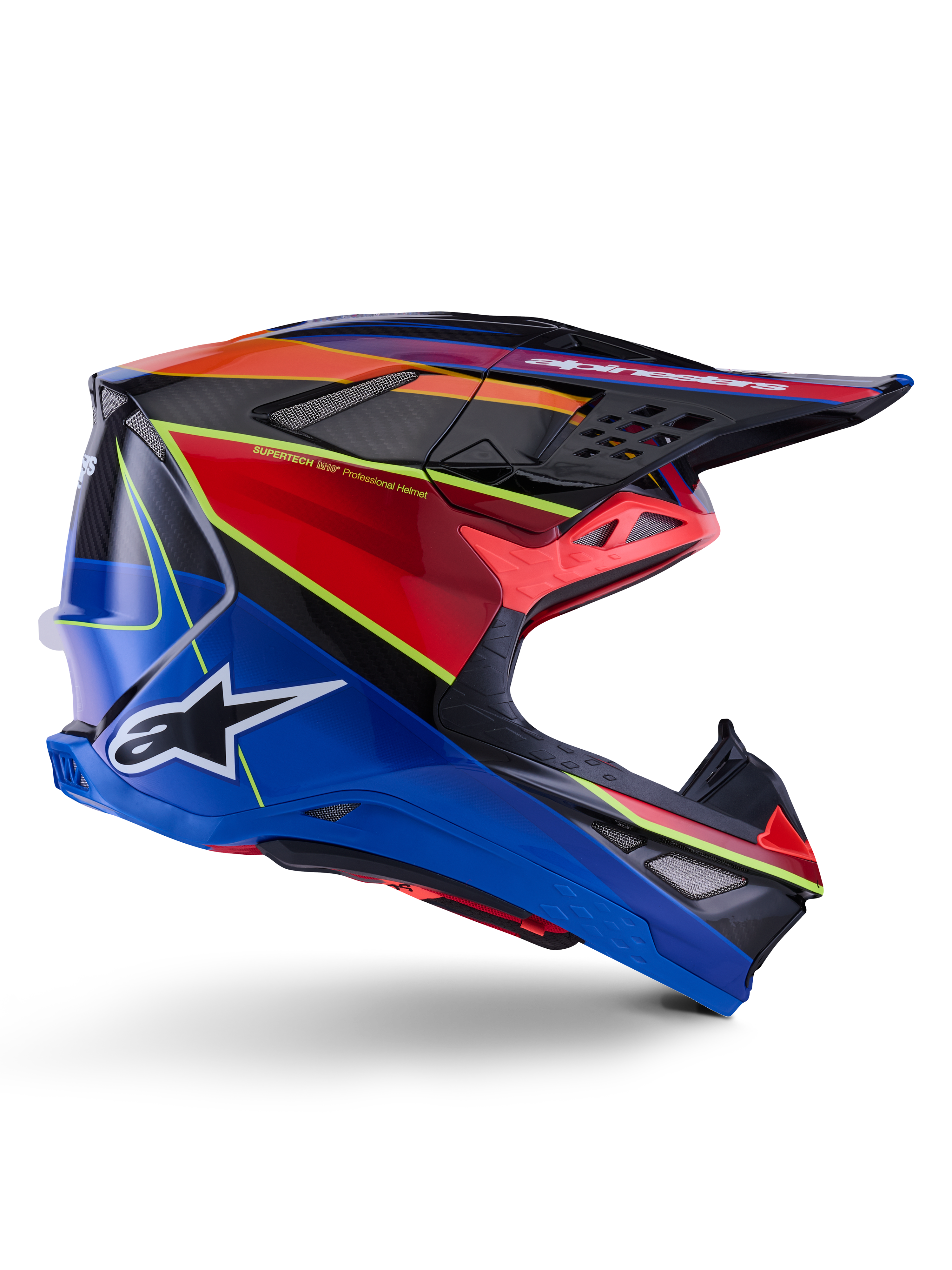 Casco Alpinestars Supertech M10 Era, casco de motocross, azul, rojo y amarillo flúor brillante, vista de perfil lateral que muestra la carcasa de carbono multicompuesta, logotipo de Alpinestars en blanco, diseño aerodinámico con múltiples ventilaciones para competición todoterreno