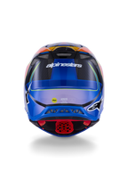 Alpinestars Supertech M10 Era Helmet, Motocross Helmet, Rear View, Blue Red Yellow Fluo Glossy, featuring ventilation ports, carbon composite shell, Alpinestars branding, and MIPS safety sticker, advanced off-road protection