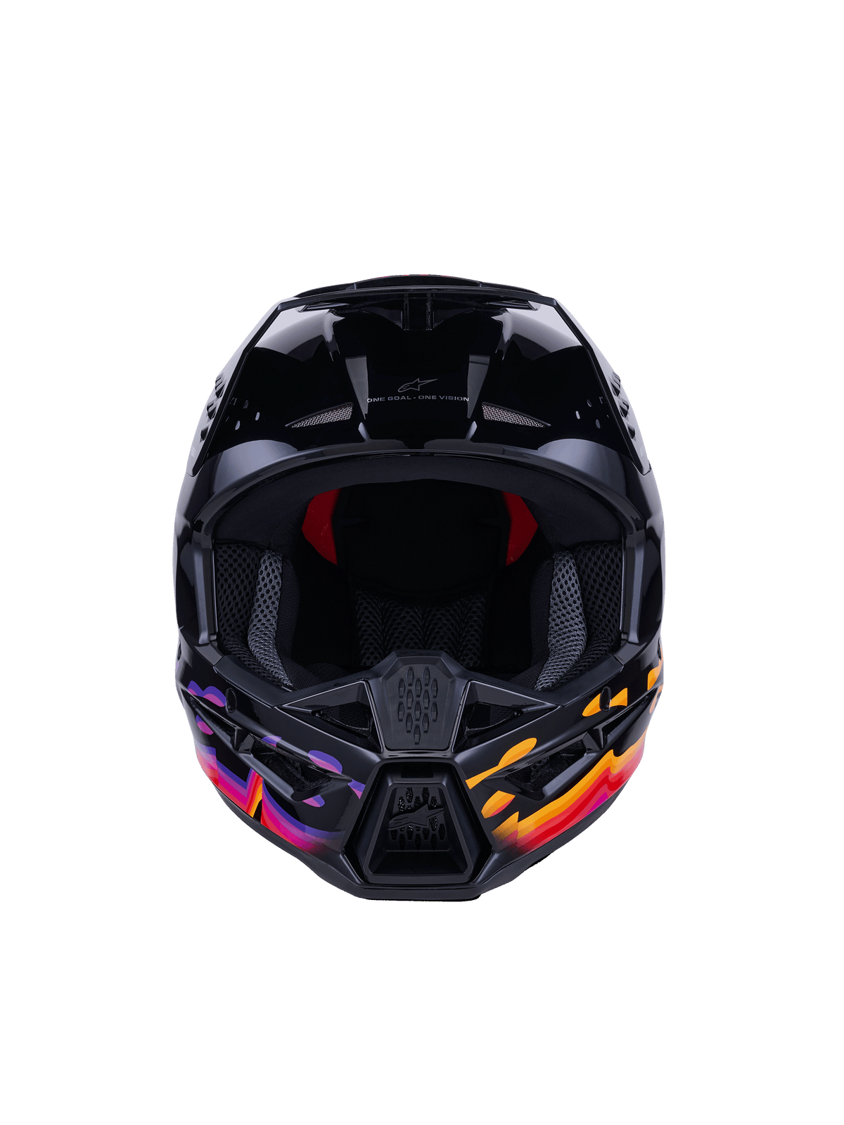 Casco Alpinestars S-M3 Force OCD, casco de motocross, negro brillante con gráficos vibrantes en púrpura, naranja y rojo, vista frontal que muestra un amplio puerto ocular y mentonera ventilada, con el eslogan 'One Goal - One Vision', equipo profesional para carreras todoterreno