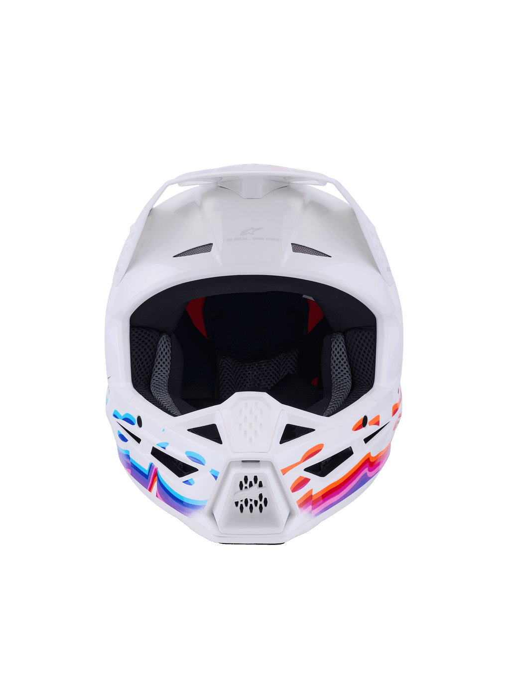 Casco Alpinestars S-M3 Force OCD, casco de motocross, blanco brillante con gráficos ondulados vibrantes en azul, rosa y naranja, vista frontal que muestra las entradas de ventilación y la visera blanca, protección para la cabeza de nivel profesional para conducción off-road
