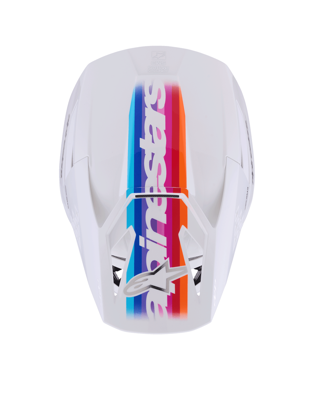 Casco Alpinestars S-M3 Force OCD, casco de motocross, blanco brillante, vista superior con una vibrante franja central multicolor en azul, púrpura, rojo y naranja, marca Alpinestars y logotipo de la estrella en blanco, protección profesional para la cabeza en off-road