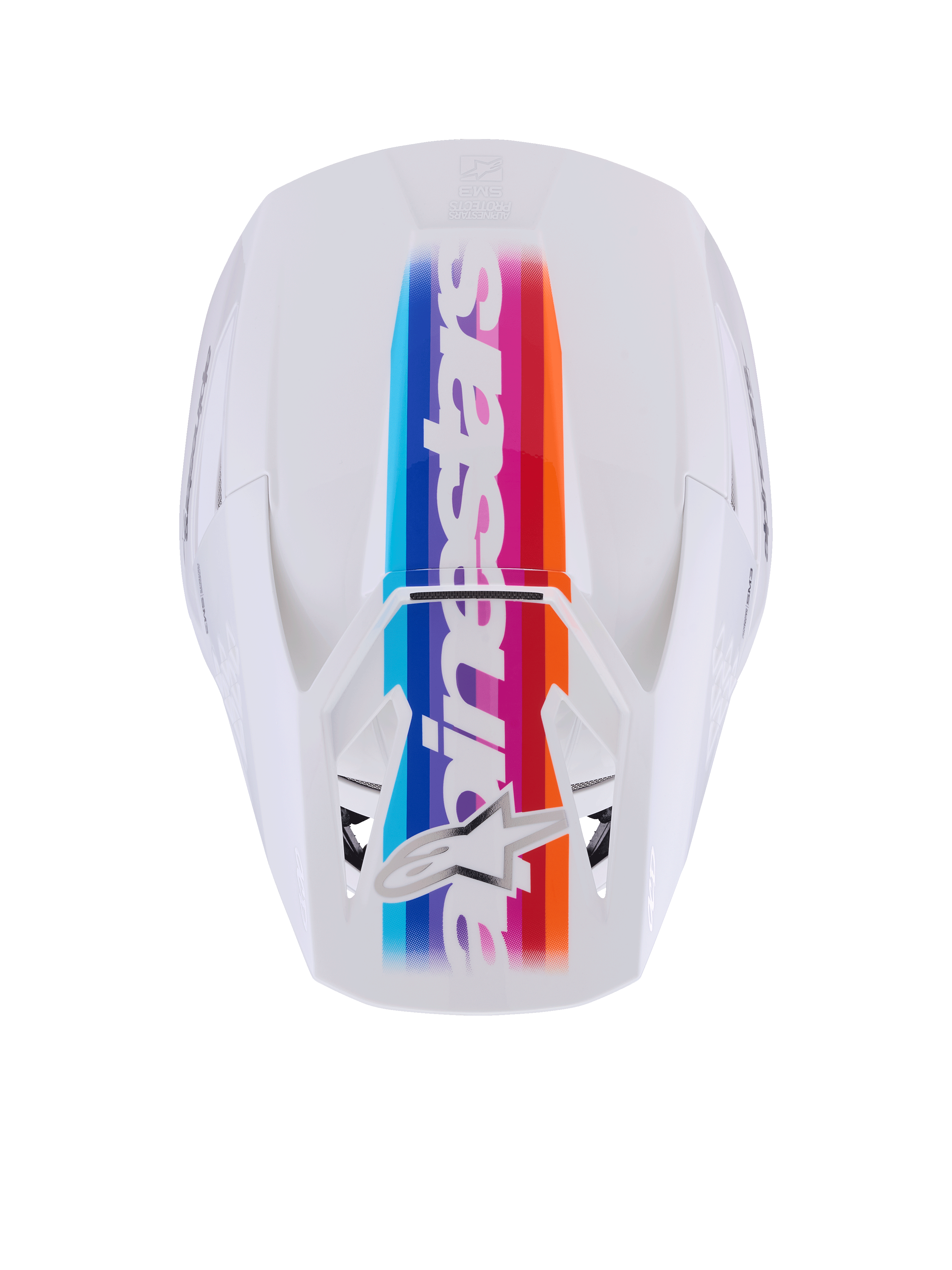 Casco Alpinestars S-M3 Force OCD, casco de motocross, blanco brillante, vista superior con una vibrante franja central multicolor en azul, púrpura, rojo y naranja, marca Alpinestars y logotipo de la estrella en blanco, protección profesional para la cabeza en off-road