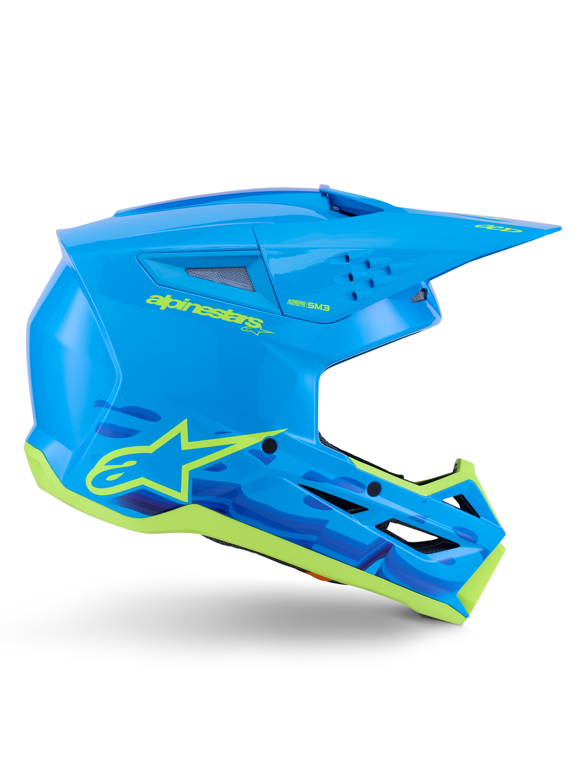 Casco Alpinestars S-M3 Force OCD, casco de motocross y off-road, color cian brillante con detalles en amarillo neón, certificado ECE 22.06, carcasa aerodinámica con ranuras de ventilación, visera puntiaguda y gráficos del logotipo de la estrella