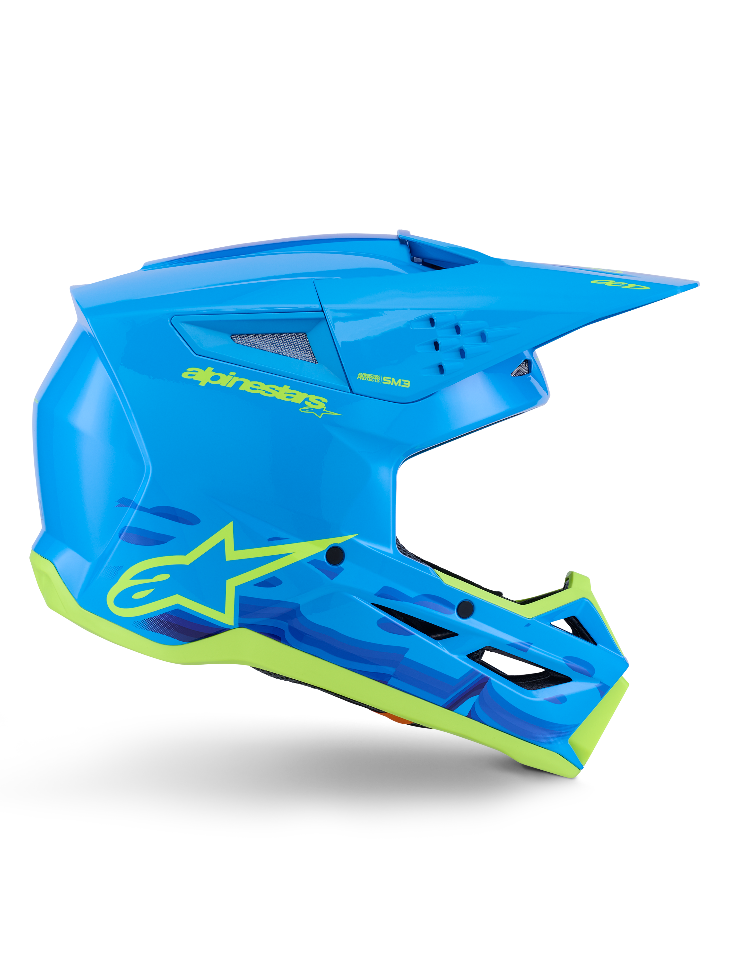 Casco Alpinestars S-M3 Force OCD, casco de motocross y off-road, color cian brillante con detalles en amarillo neón, certificado ECE 22.06, carcasa aerodinámica con ranuras de ventilación, visera puntiaguda y gráficos del logotipo de la estrella