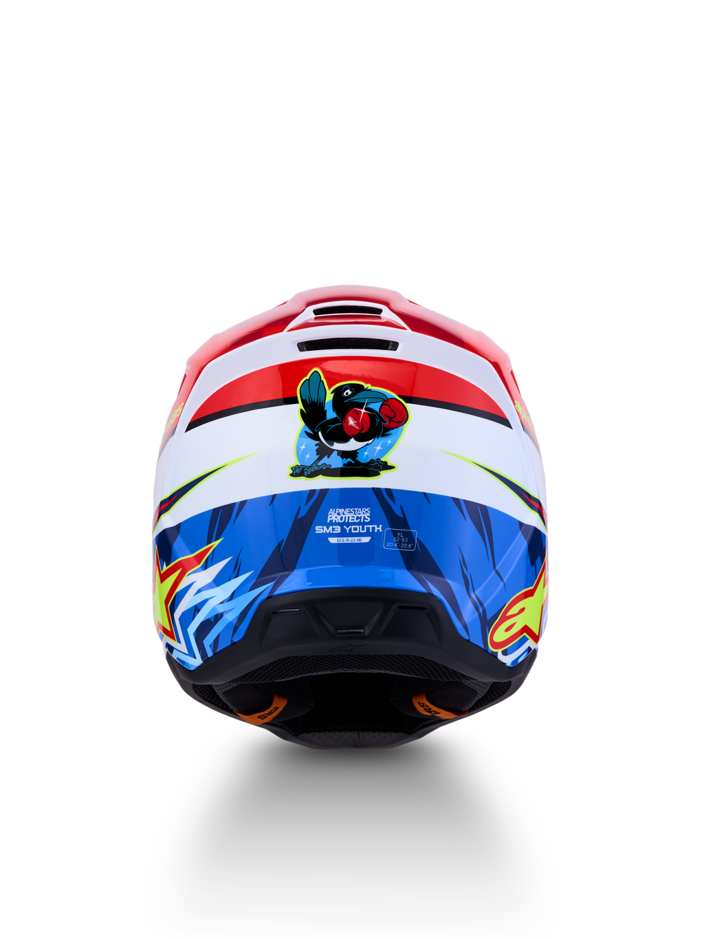 Casco juvenil Alpinestars SM3 Falcon, casco de motocross en rojo, blanco y azul, certificado ECE 2206 con un gráfico de halcón boxeador en la parte trasera