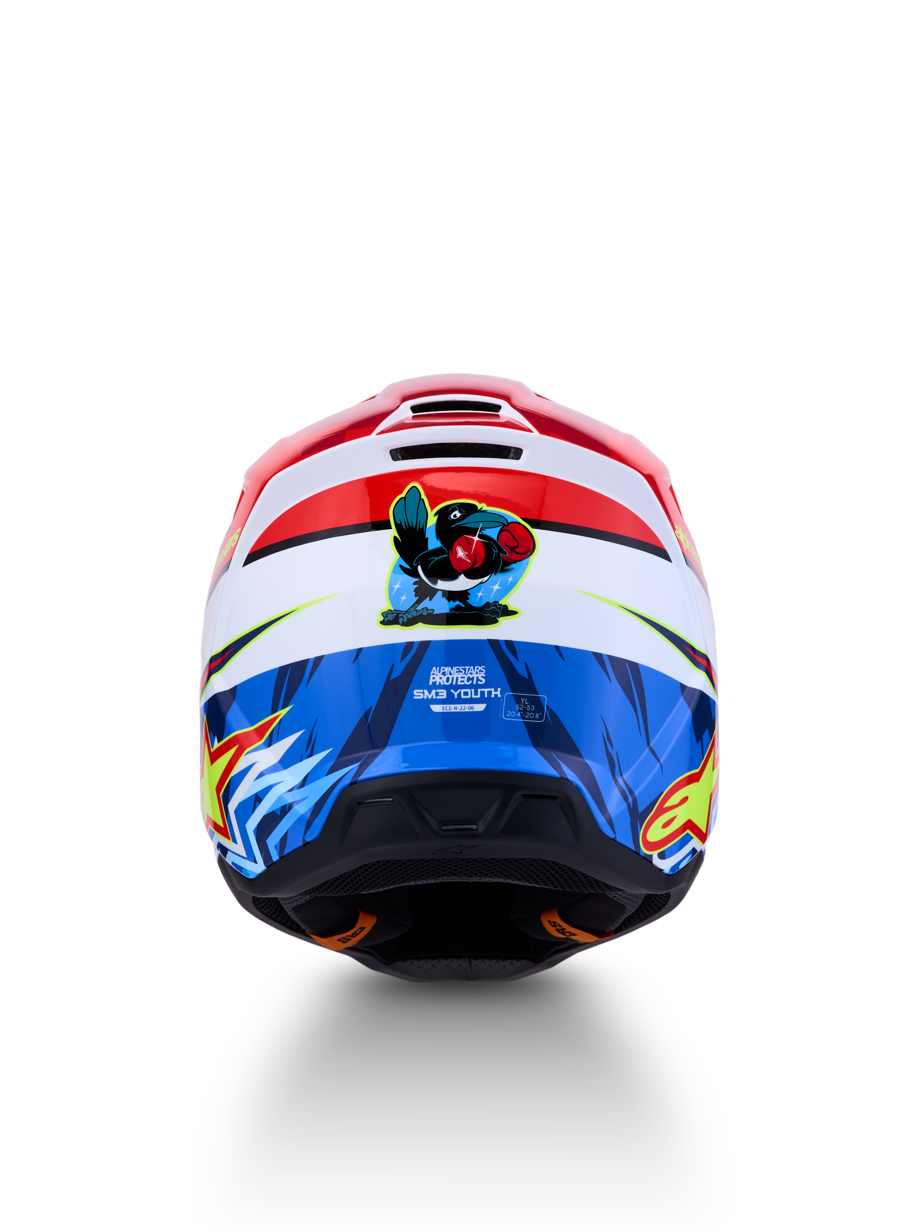 Casco juvenil Alpinestars SM3 Falcon, casco de motocross en rojo, blanco y azul, certificado ECE 2206 con un gráfico de halcón boxeador en la parte trasera