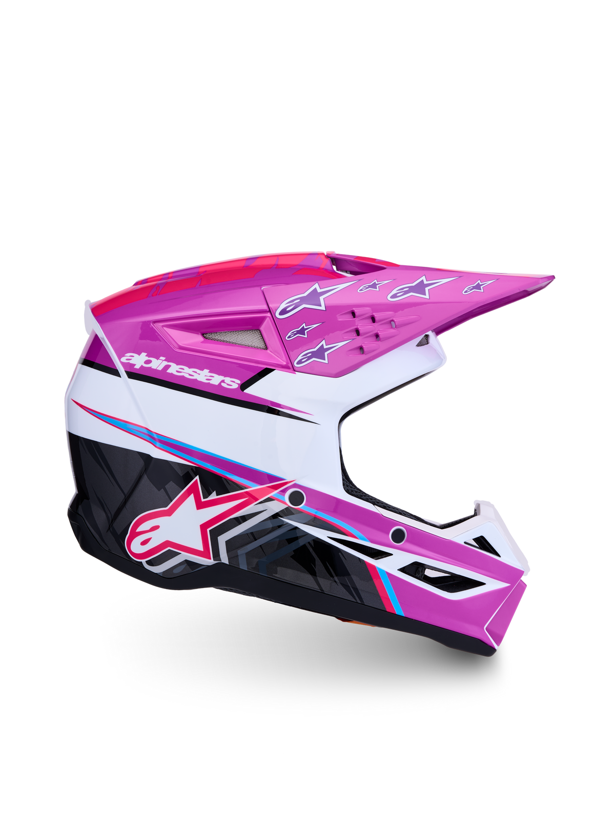 Casco juvenil Alpinestars SM3 Falcon para motocross, morado, blanco y rosa flúor, certificado ECE 22.06, diseño ligero.