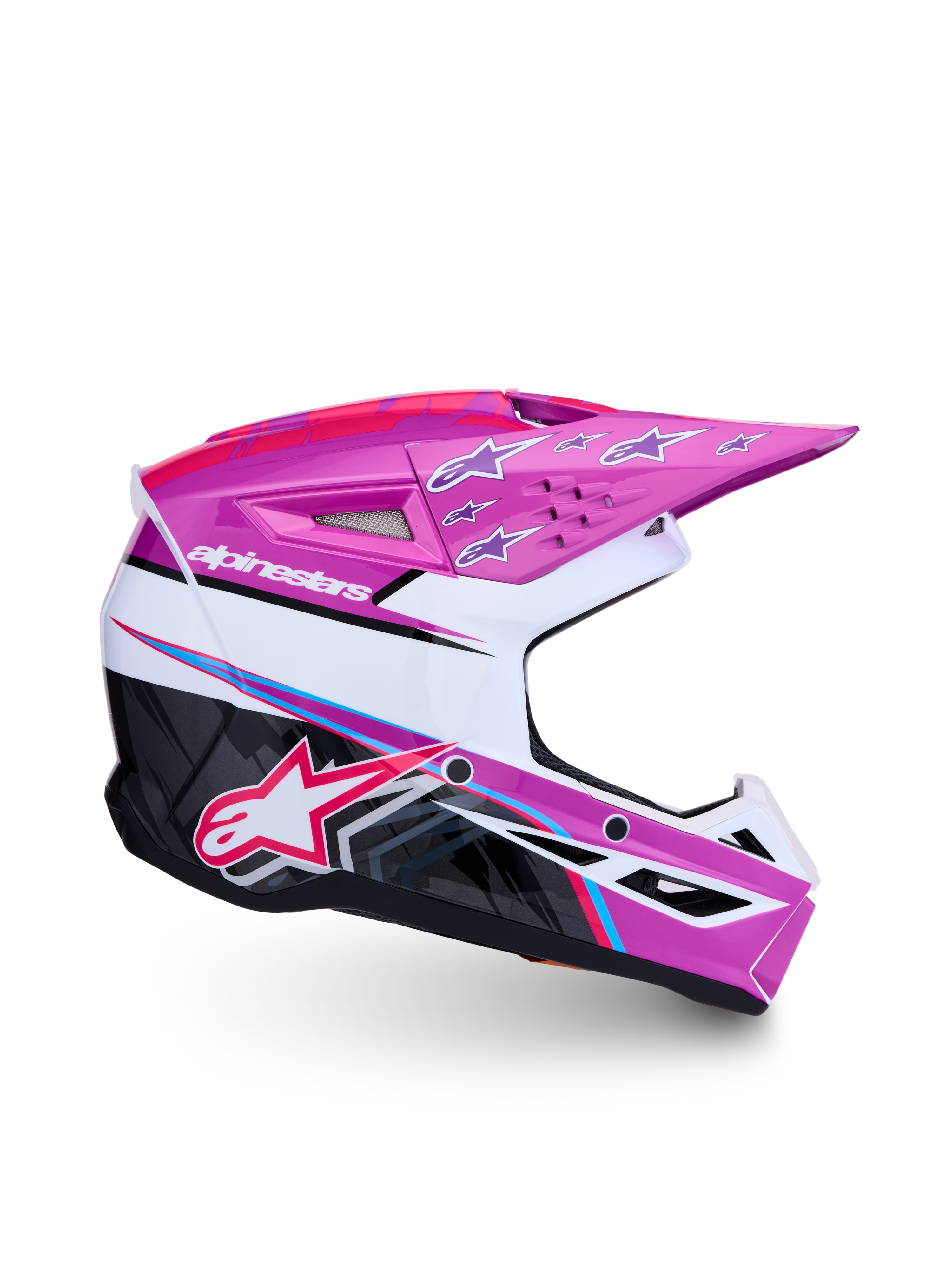 Casco juvenil Alpinestars SM3 Falcon para motocross, morado, blanco y rosa flúor, certificado ECE 22.06, diseño ligero.