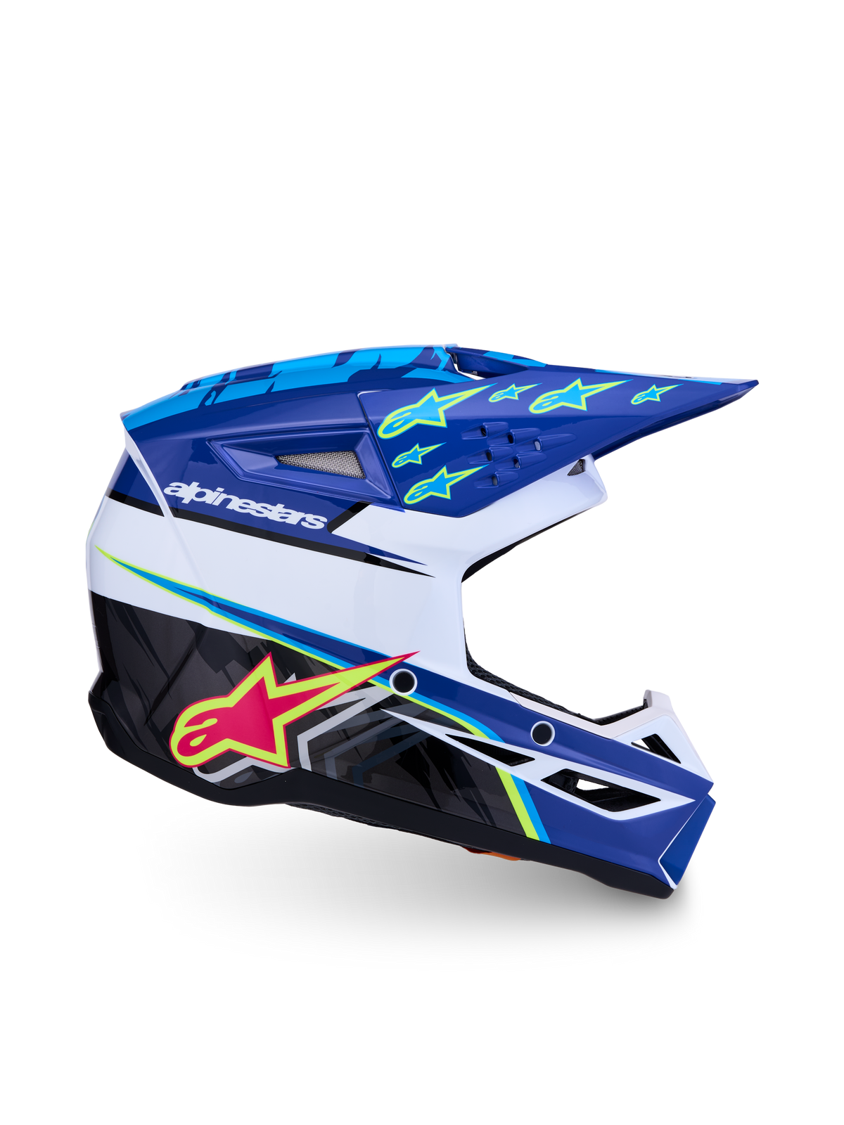 Alpinestars SM3 Falcon, casco de motocross juvenil, azul, blanco y negro con detalles rosa y amarillo flúor, ECE 2206