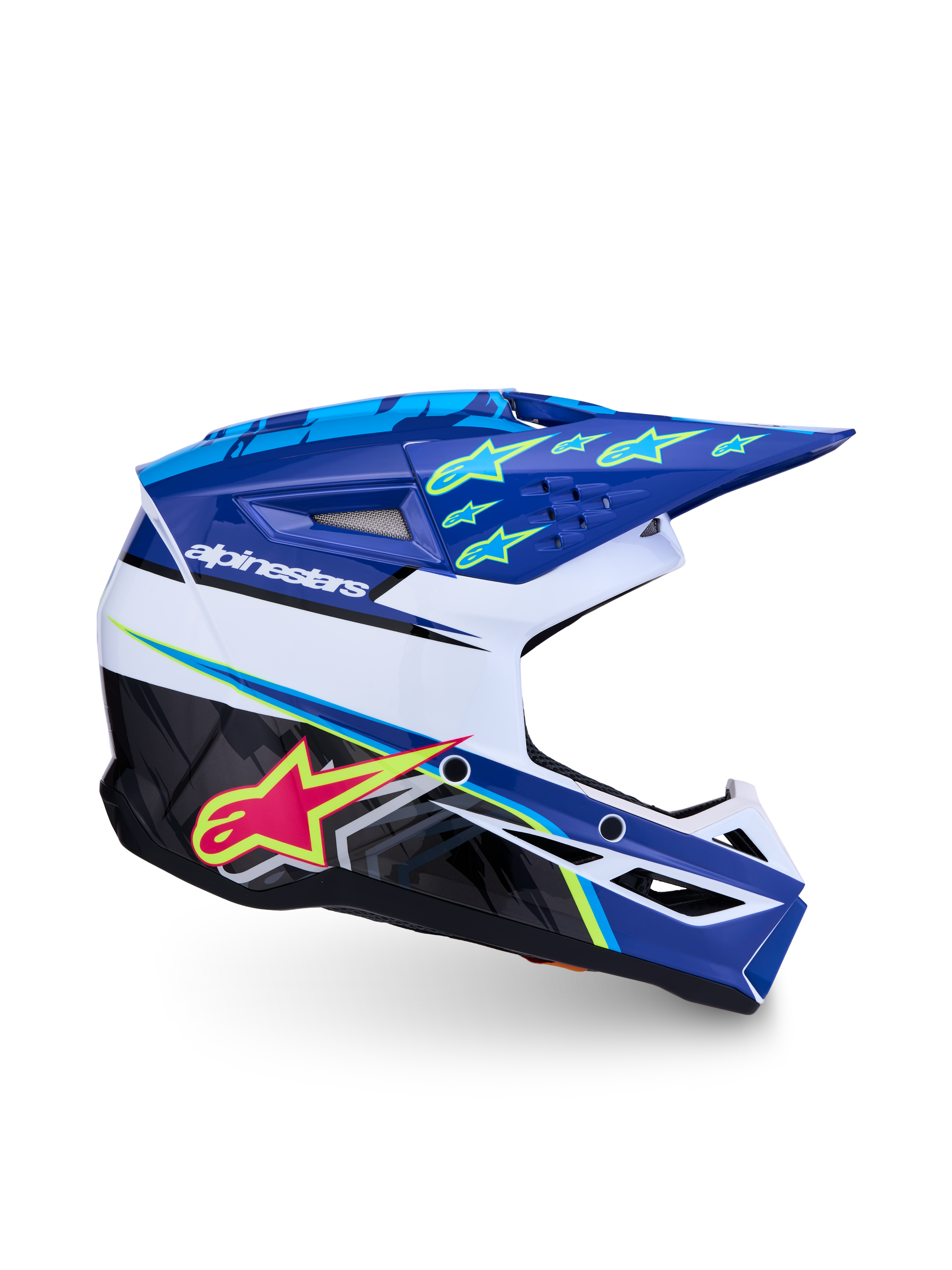 Alpinestars SM3 Falcon, casco de motocross juvenil, azul, blanco y negro con detalles rosa y amarillo flúor, ECE 2206