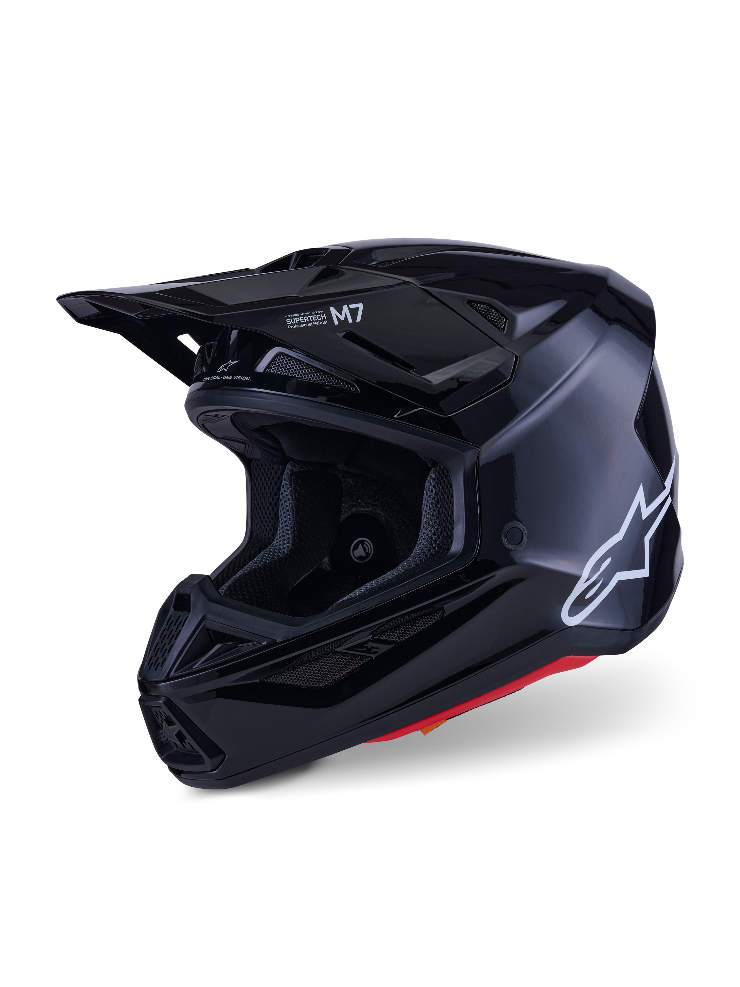 Casco Alpinestars S-M7 Solid, casco de motocross, negro brillante, con logotipo blanco de Alpinestars en el lateral, visera aerodinámica y múltiples tomas de aire para protección en carreras off-road