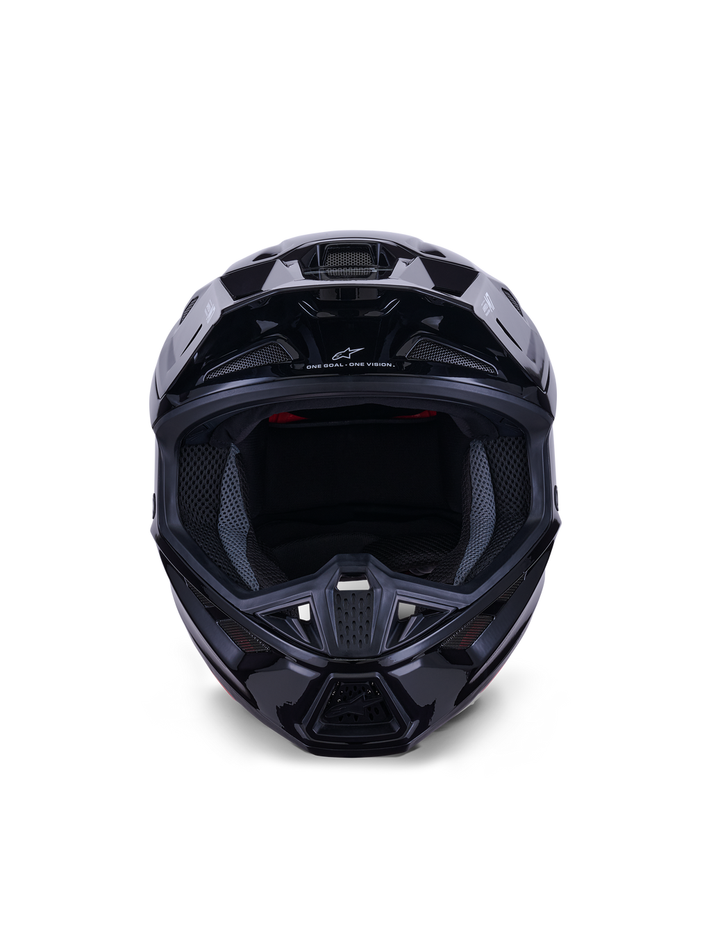 Alpinestars S-M7 Solid Helmet ECE 22.06, casco de motocross, negro brillo, vista frontal que destaca la carcasa compuesta aerodinámica, puertos de ventilación en la mentonera y acolchado interno de malla, acabado elegante para carreras todoterreno