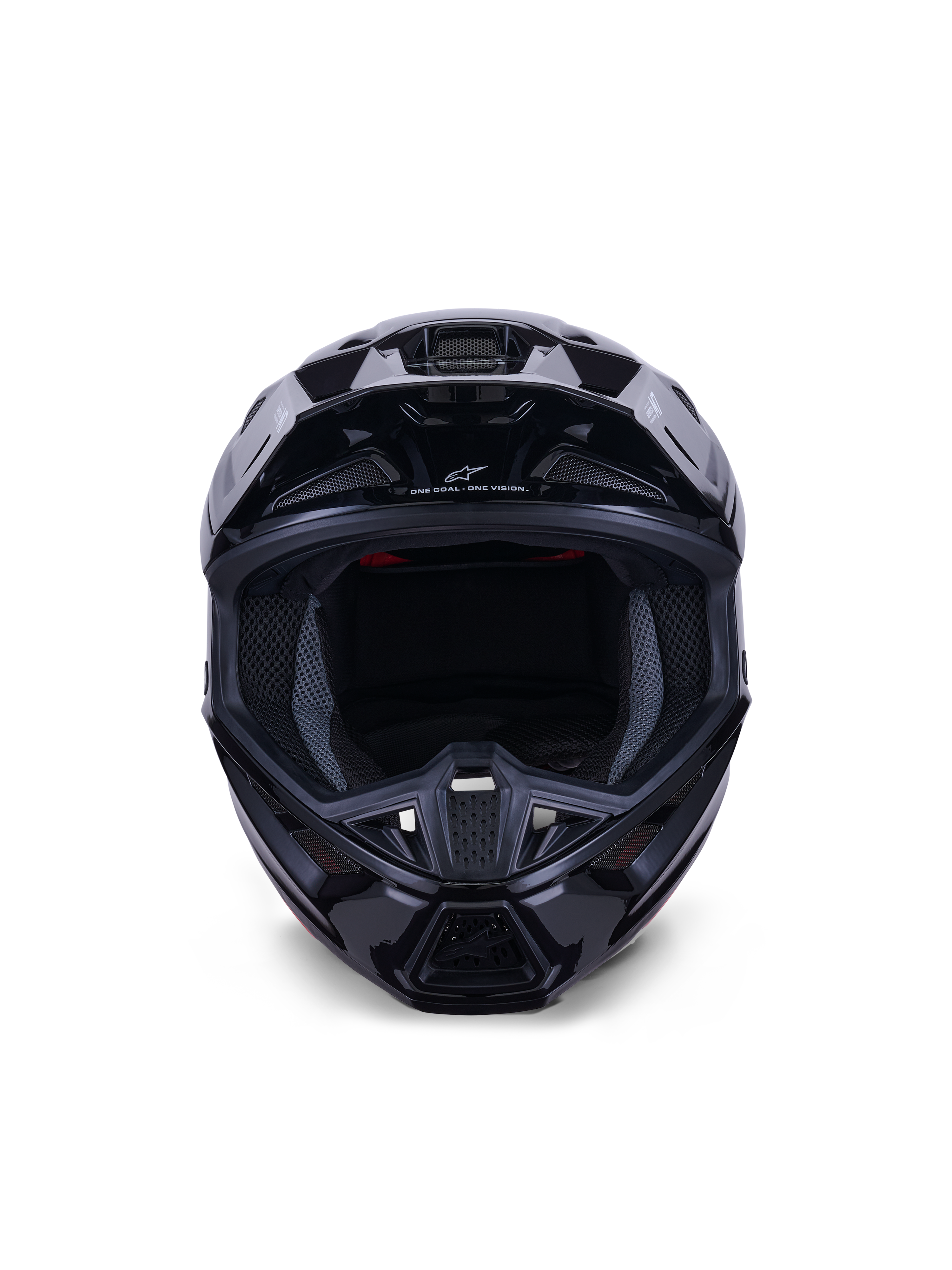 Alpinestars S-M7 Solid Helmet ECE 22.06, casco de motocross, negro brillo, vista frontal que destaca la carcasa compuesta aerodinámica, puertos de ventilación en la mentonera y acolchado interno de malla, acabado elegante para carreras todoterreno