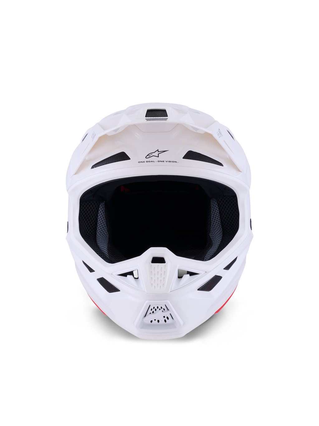 Alpinestars S-M7 Solid Helmet, Motocross Helmet, White Glossy, frontal view showing ventilation ports and chin guard, aerodynamic composite shell design for off-road racing