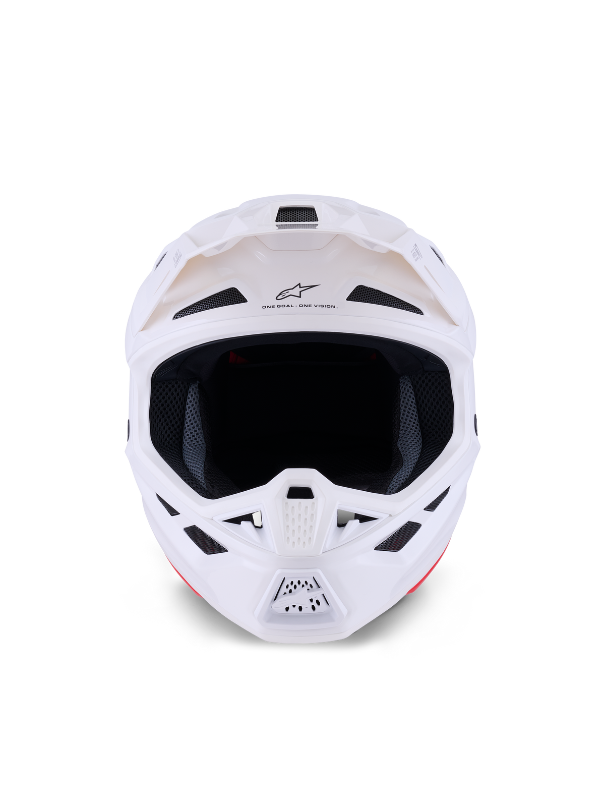 Casco Alpinestars S-M7 Solid, casco de motocross, blanco brillante, vista frontal que muestra los puertos de ventilación y la mentonera, diseño de carcasa de compuesto aerodinámico para carreras todoterreno