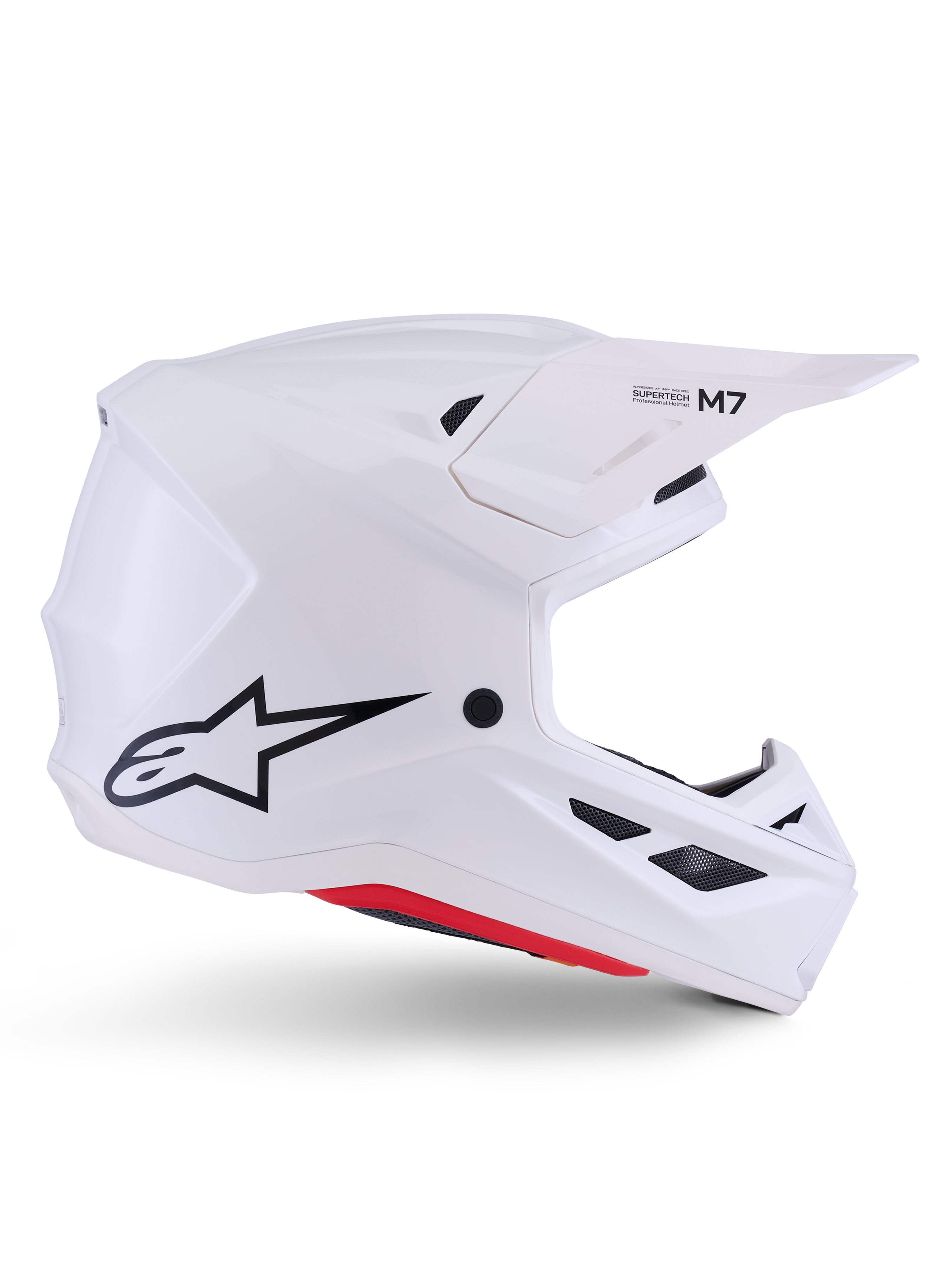 Alpinestars S-M7 Solid Helmet ECE 22.06, casco de motocross, blanco brillante, diseño aerodinámico y angular con rejillas de ventilación negras, con logotipo de estrella negra y marca M7, protección profesional para carreras todoterreno