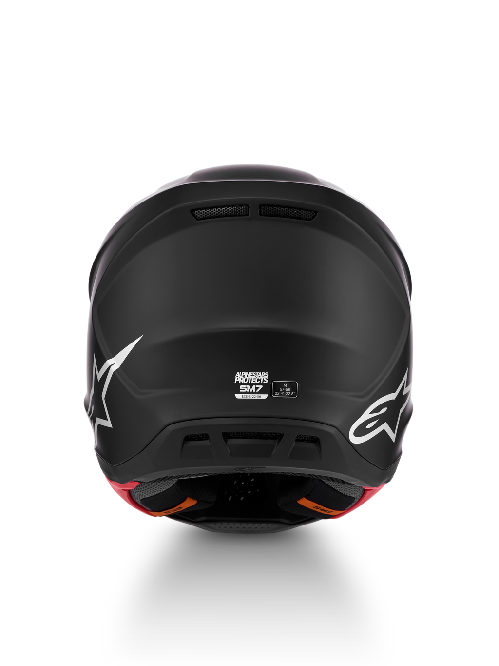 Casco Alpinestars S-M7 Solid ECE06, vista trasera, negro mate, para motocross off-road, talla M, certificado ECE 22.06