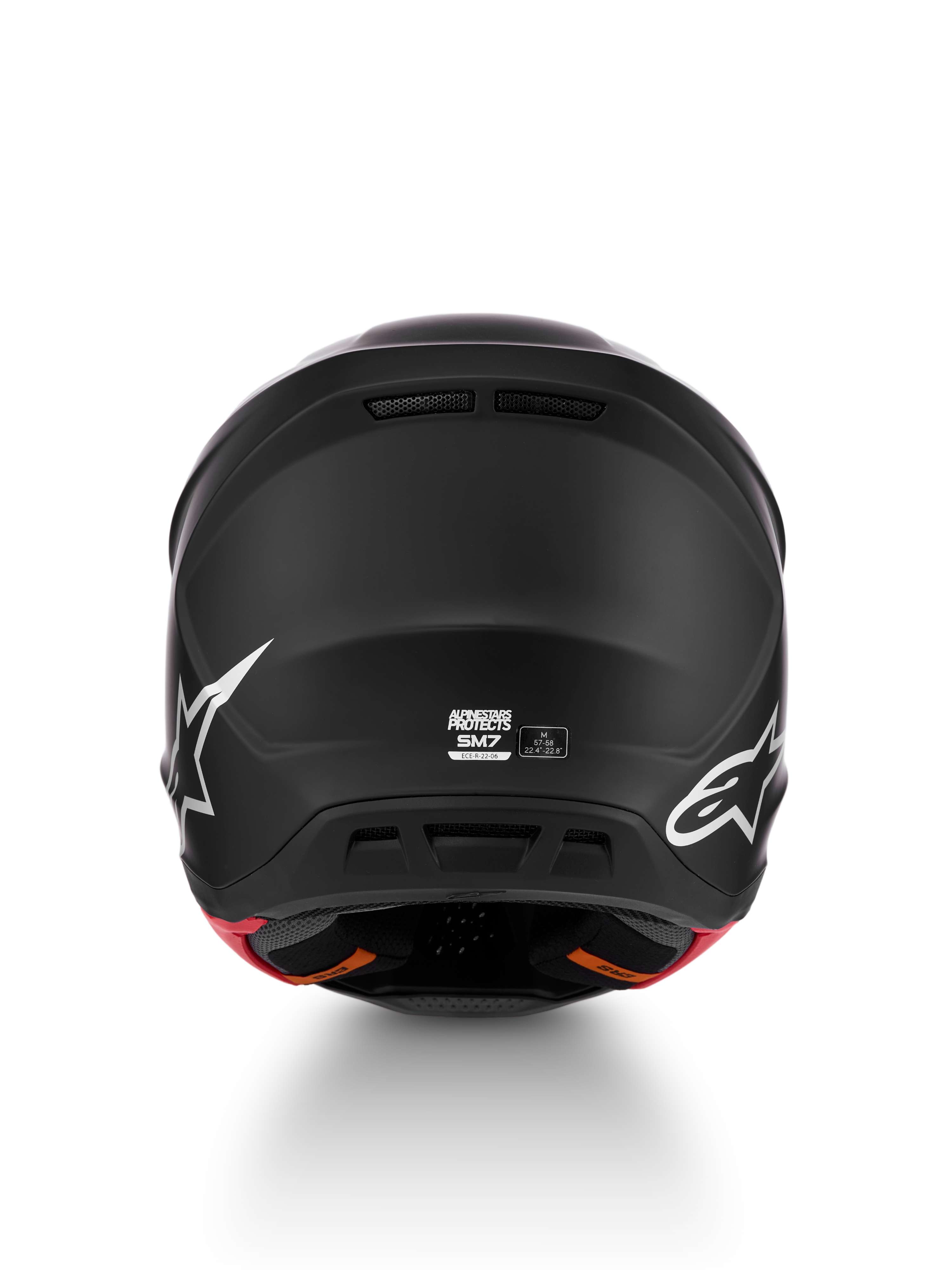 Casco Alpinestars S-M7 Solid ECE06, vista trasera, negro mate, para motocross off-road, talla M, certificado ECE 22.06