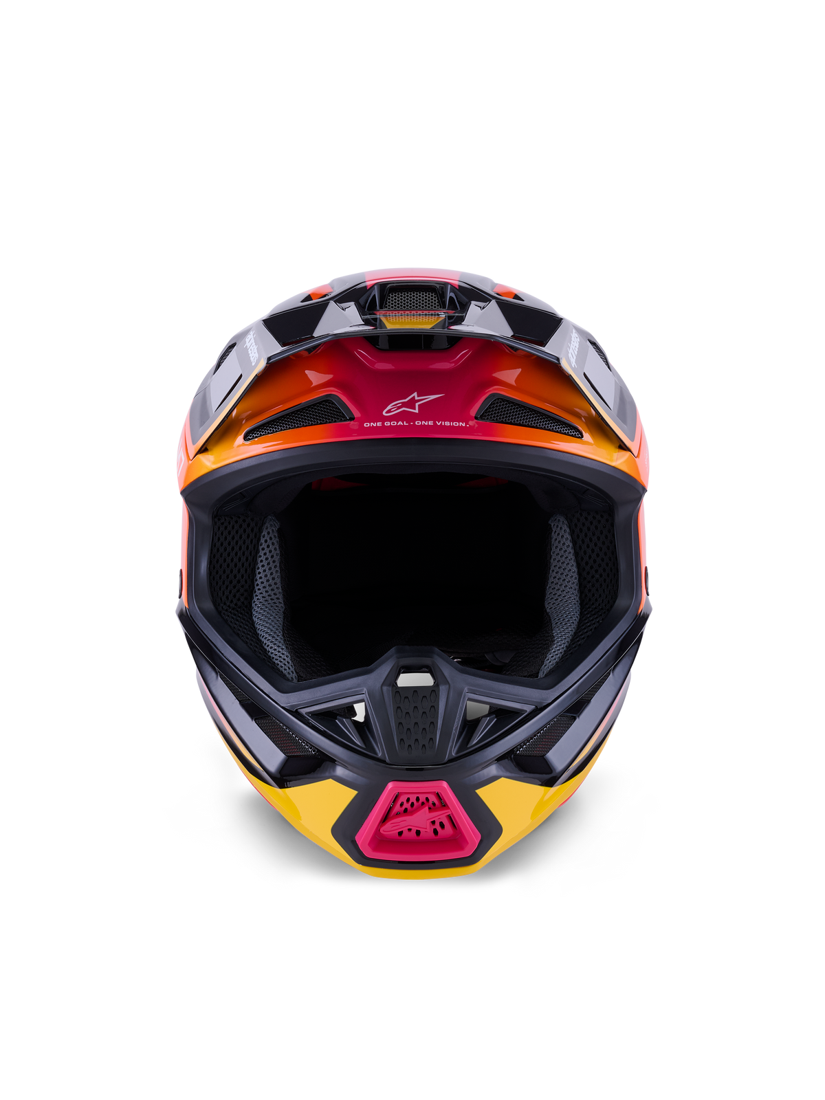 Casco Alpinestars S-M7 Rise ECE 22.06, casco de motocross, negro, amarillo y rosa brillante con degradados naranja, vista frontal que muestra la calota de compuesto aerodinámica, múltiples entradas de ventilación con malla y la marca 'One Goal. One Vision.', diseñado para carreras off-road.